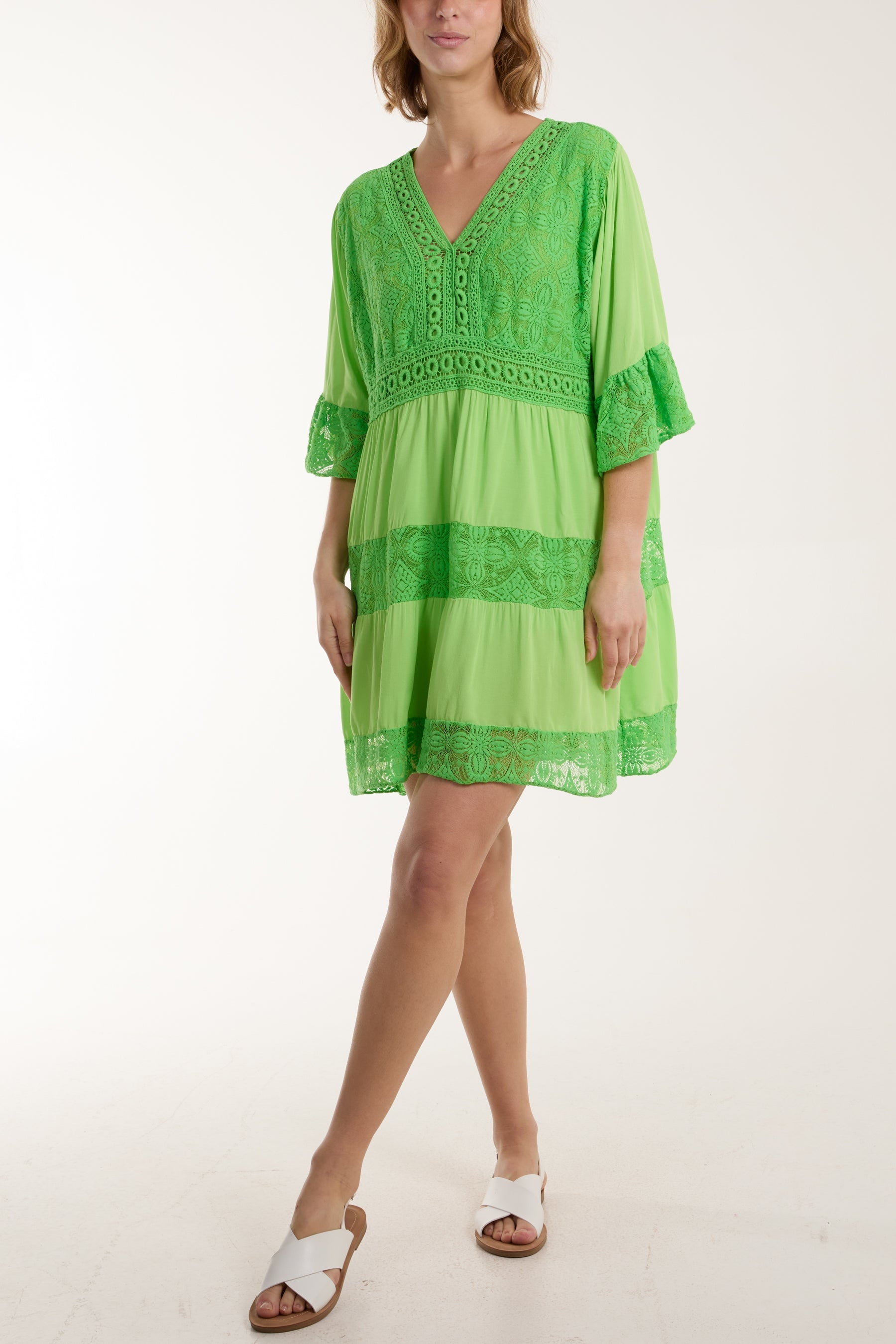 Lace Tiered Smock Dress Dresses WearAll Apple Green One Size