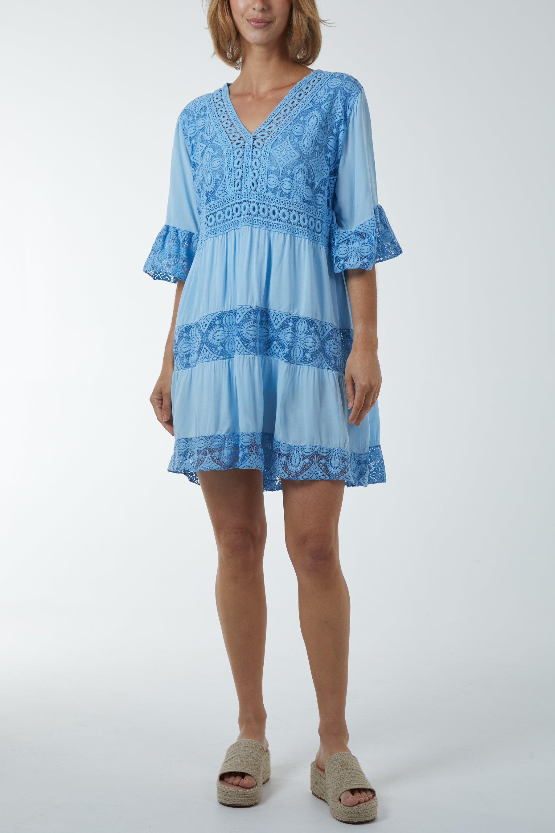 Lace Tiered Smock Dress Dresses WearAll Light Blue One Size