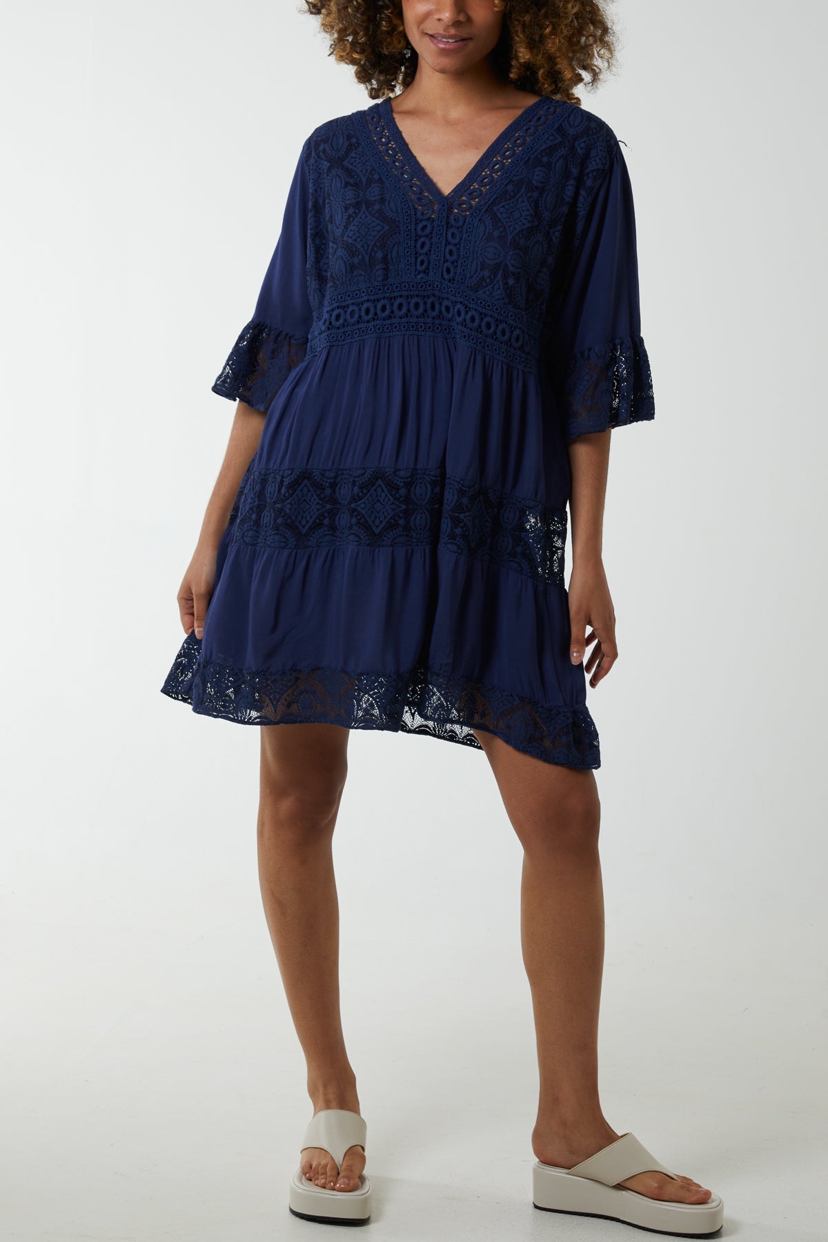 Lace Tiered Smock Dress Dresses WearAll Navy One Size