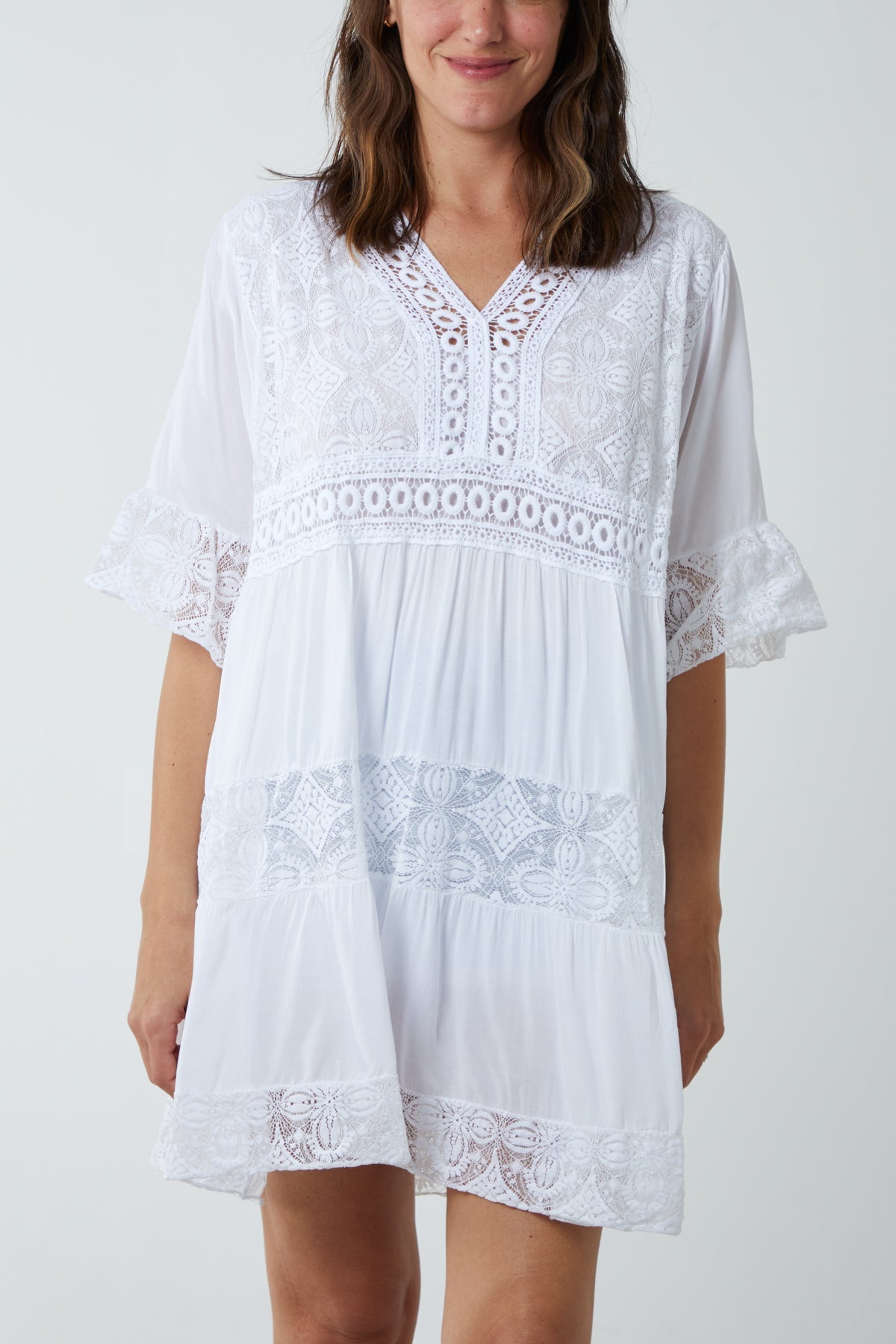 Lace Tiered Smock Dress Dresses WearAll White One Size