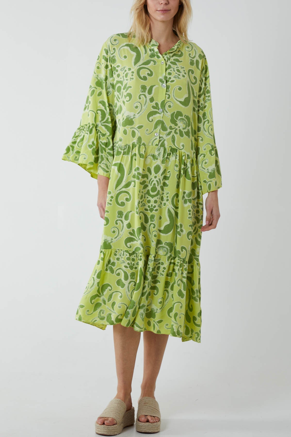 Damask Tiered Smock Midi Dress Dresses WearAll Lime Green One Size