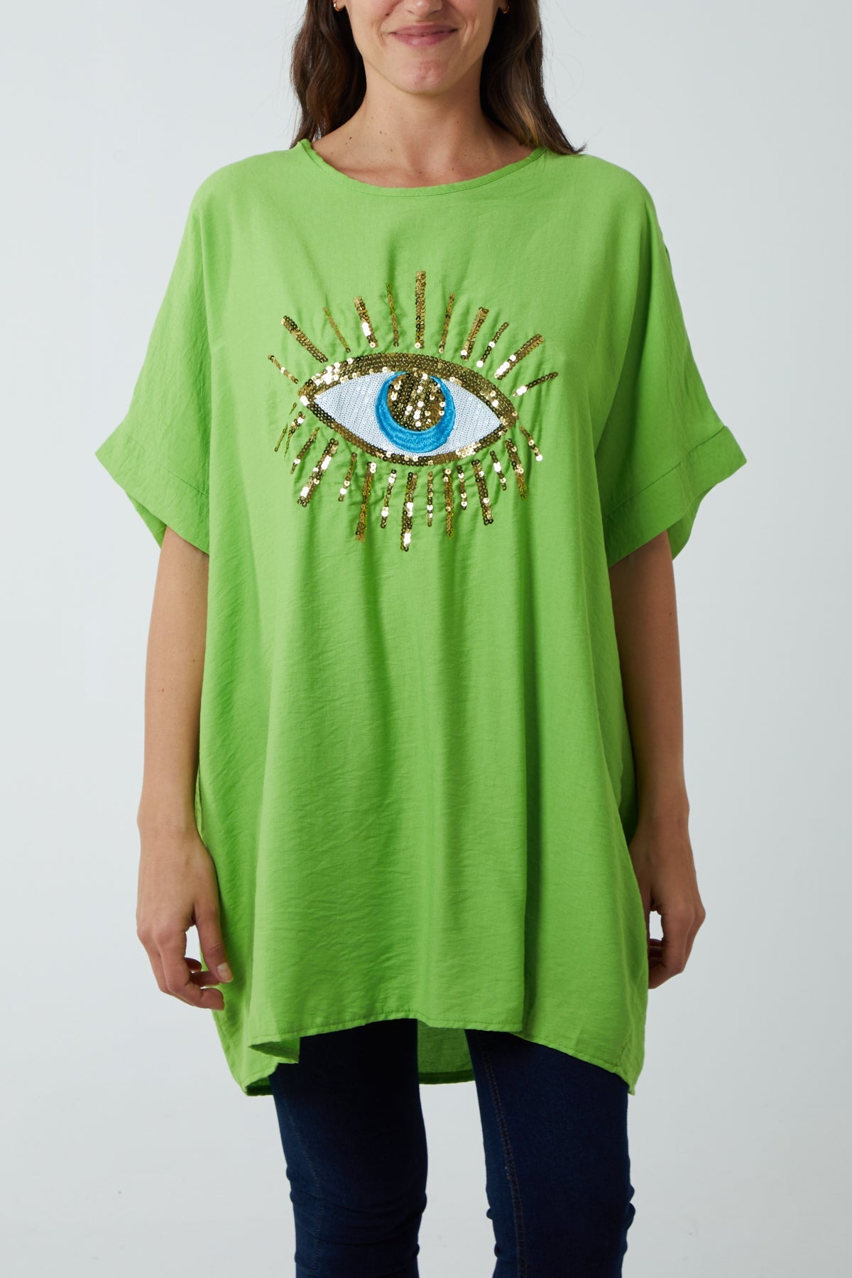 Sequin Evil Eye Short Sleeve Dress DMF2 WearAll Apple Green One Size