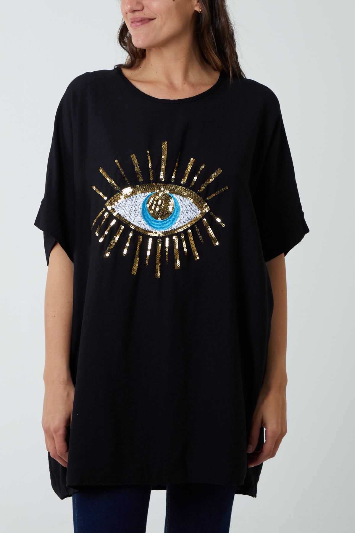 Sequin Evil Eye Short Sleeve Dress DMF2 WearAll Black One Size