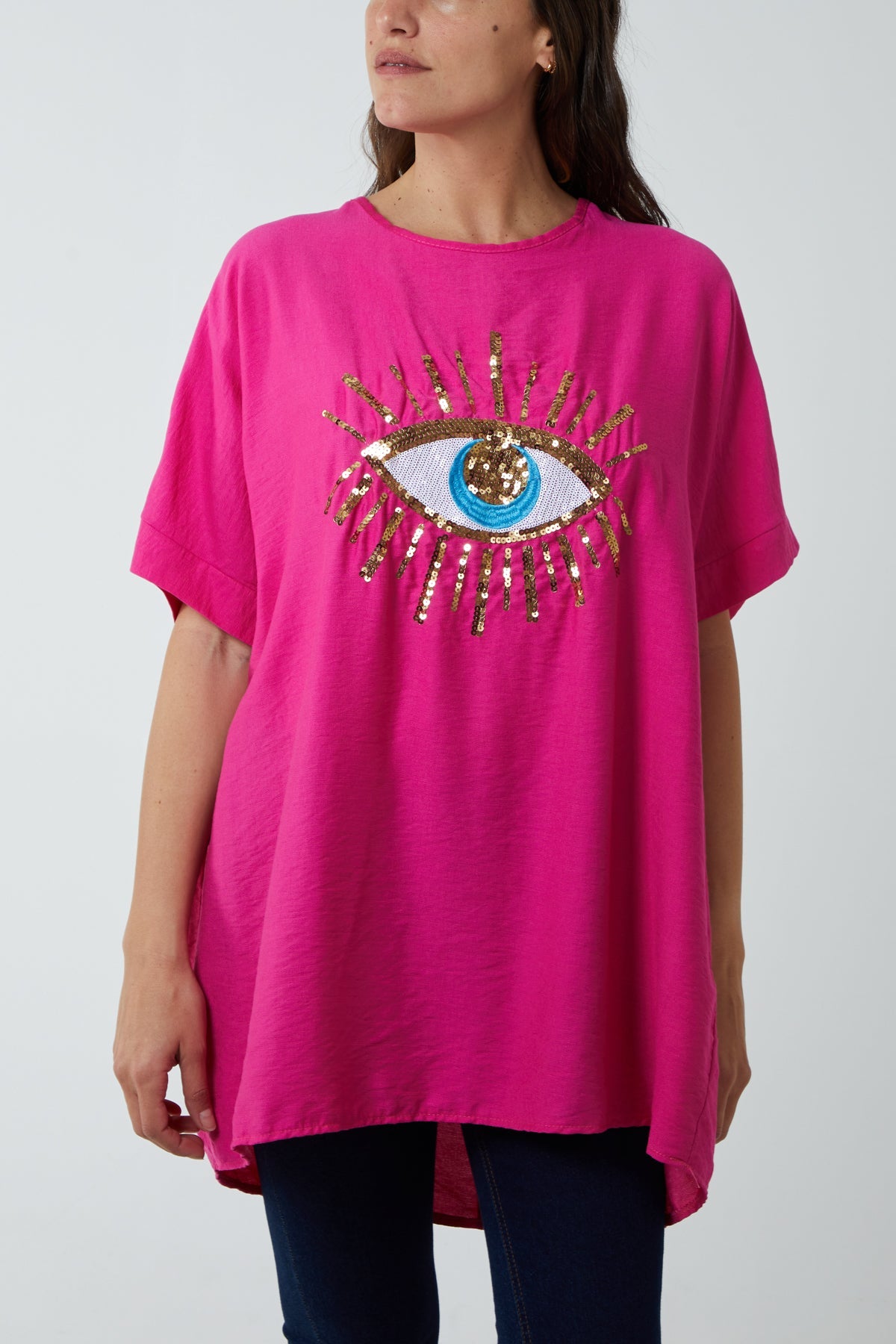 Sequin Evil Eye Short Sleeve Dress DMF2 WearAll Hot Pink One Size