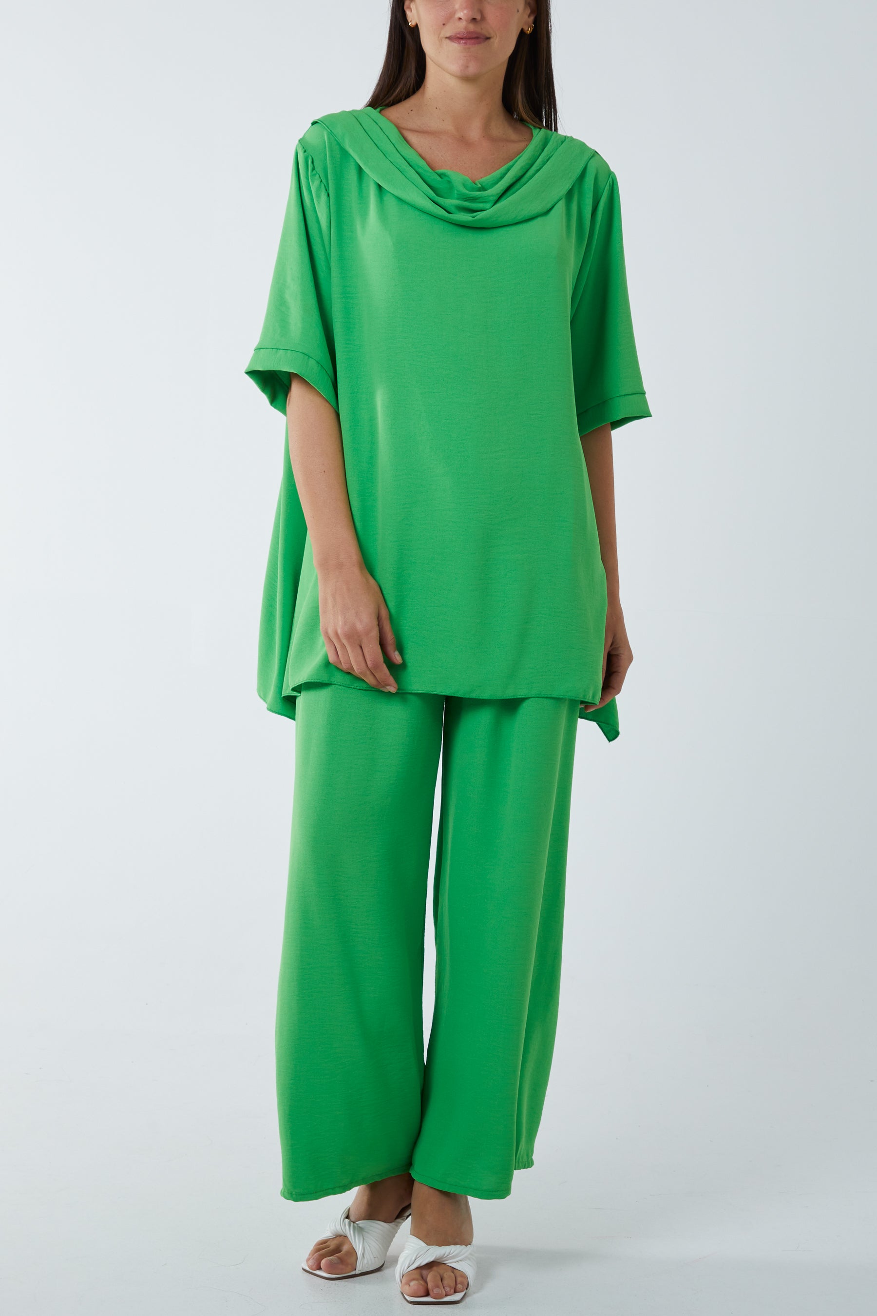 Draped Neck Drawstring Waist Trouser Set Co-Ords WearAll Apple Green One Size