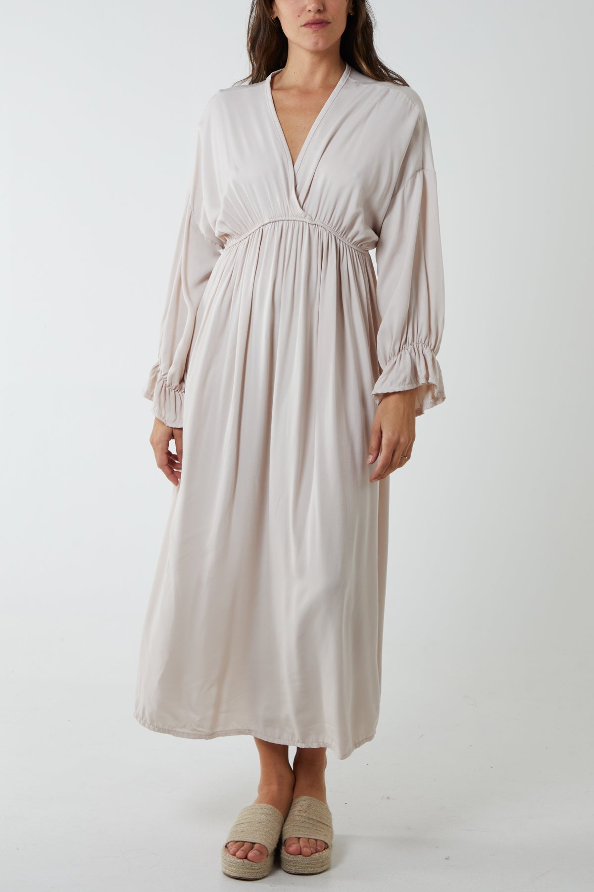 V-Neck Elasticated Waist Maxi Dress DMF2 WearAll Beige One Size