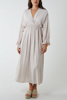 V-Neck Elasticated Waist Maxi Dress DMF2 WearAll Beige One Size
