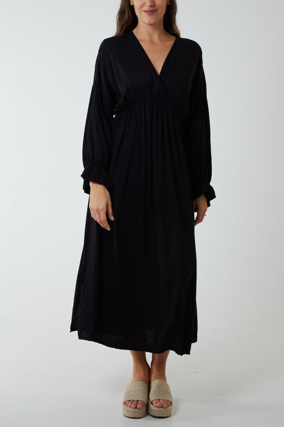 V-Neck Elasticated Waist Maxi Dress DMF2 WearAll Black One Size