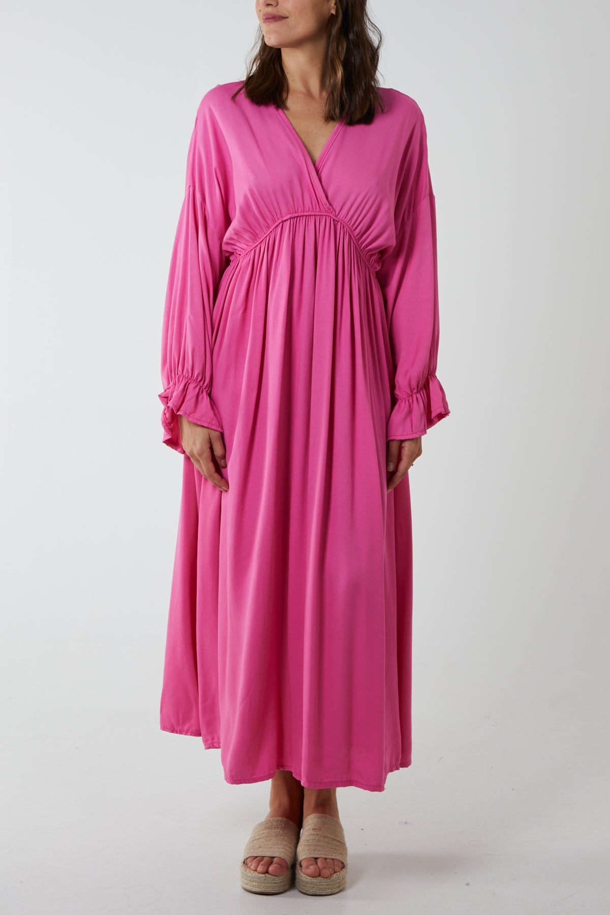 V-Neck Elasticated Waist Maxi Dress DMF2 WearAll Hot Pink One Size