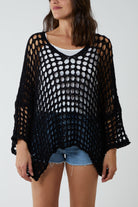 Crochet Round Neck Long Sleeve Top TOPMF2 WearAll Black One Size