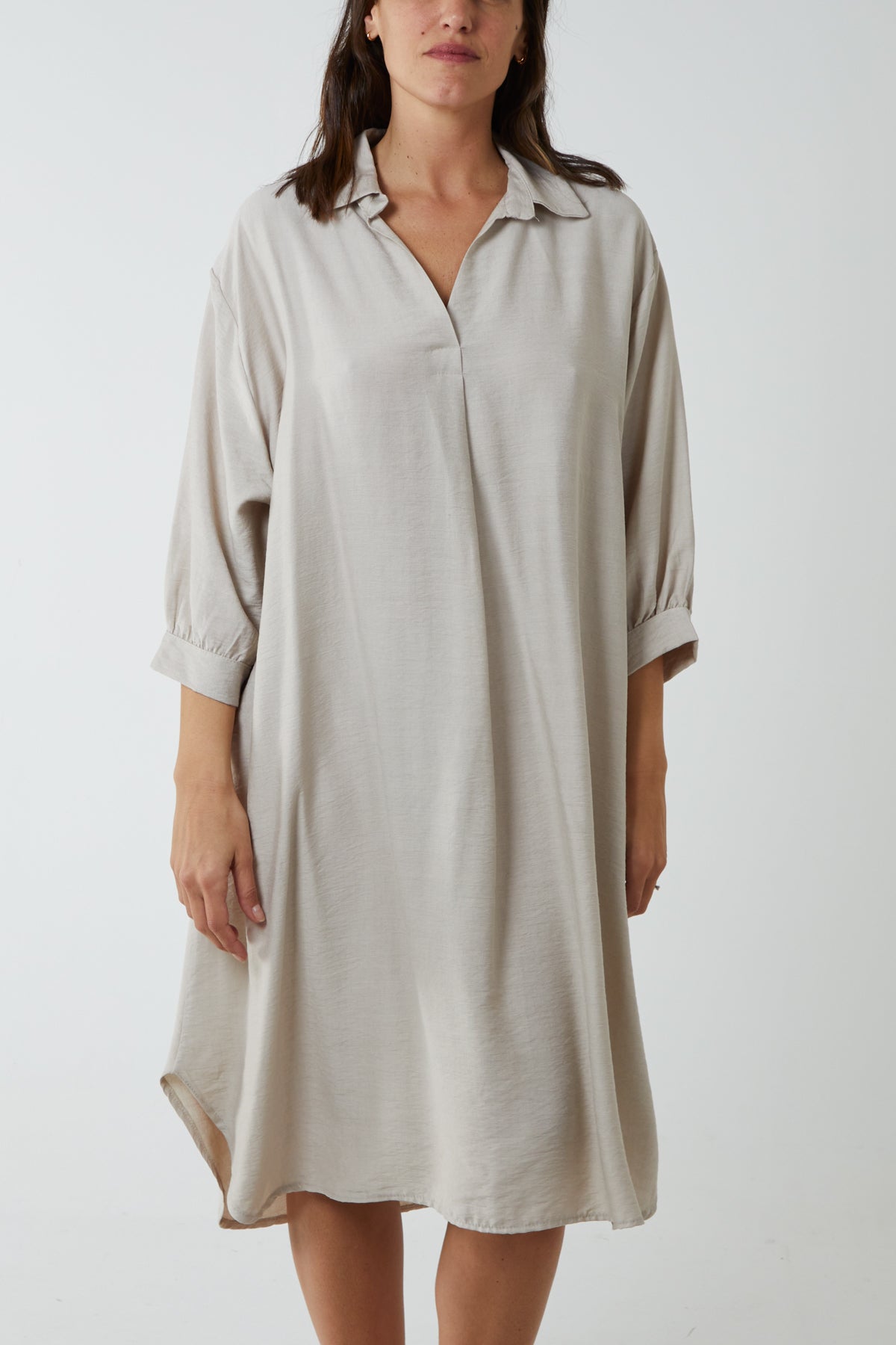 V-Neck Collared Midi Dress DMF2 WearAll Beige One Size