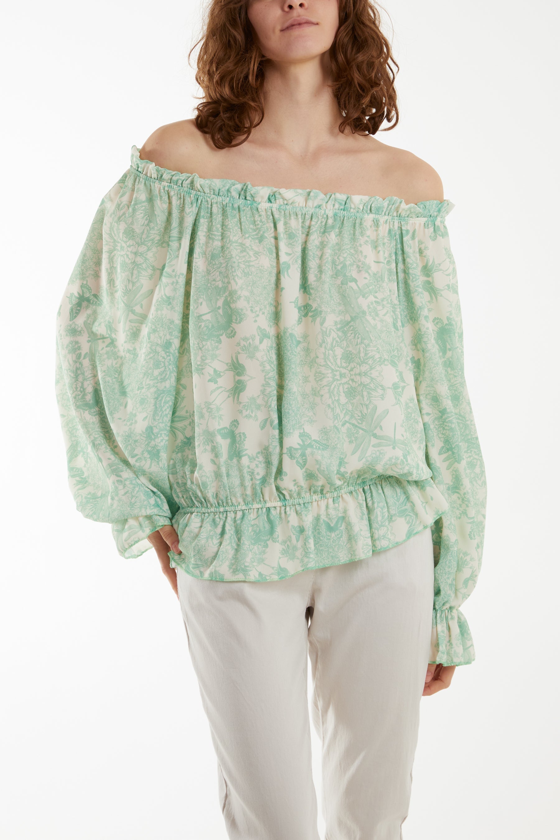 Floral Pattern Bardot Top Tops WearAll Jade One Size