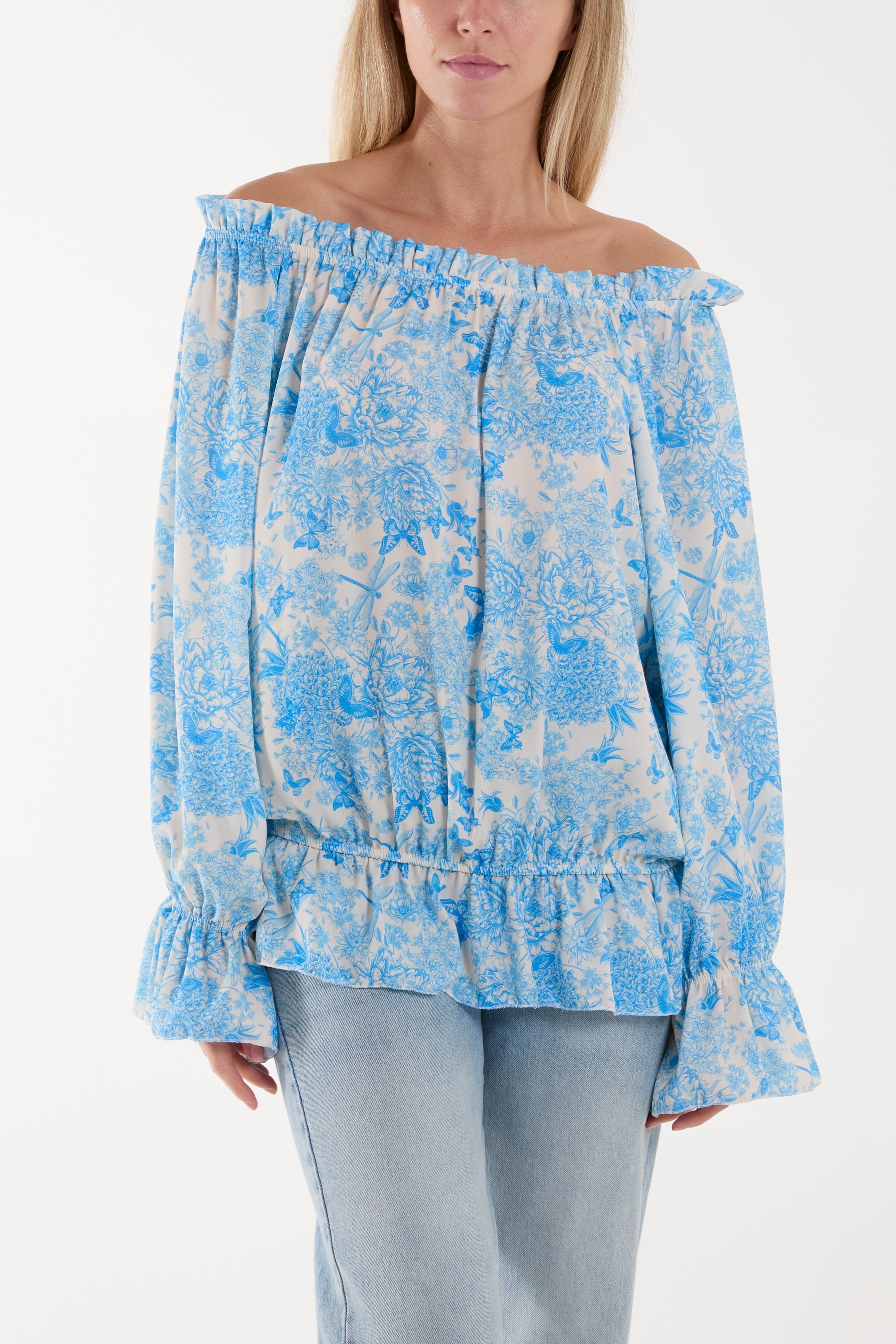 Floral Pattern Bardot Top Tops WearAll Blue One Size