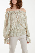 Floral Pattern Bardot Top Tops WearAll Khaki One Size