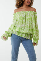 Floral Pattern Bardot Top Tops WearAll Lime One Size