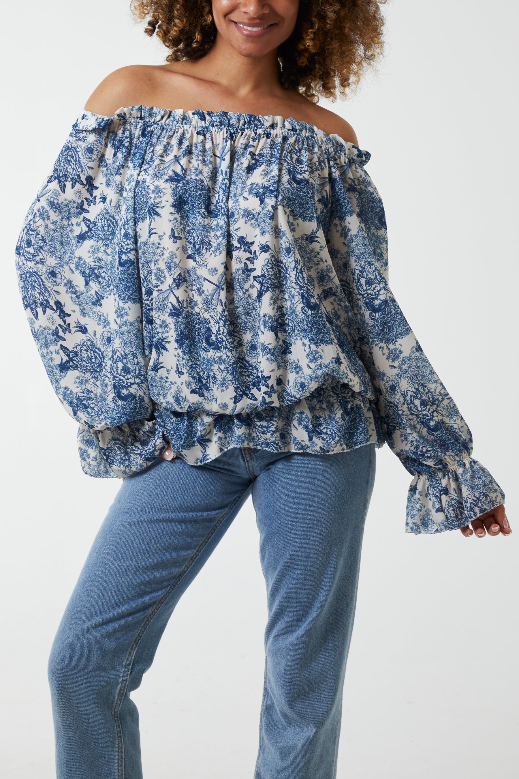 Floral Pattern Bardot Top Tops WearAll Navy One Size