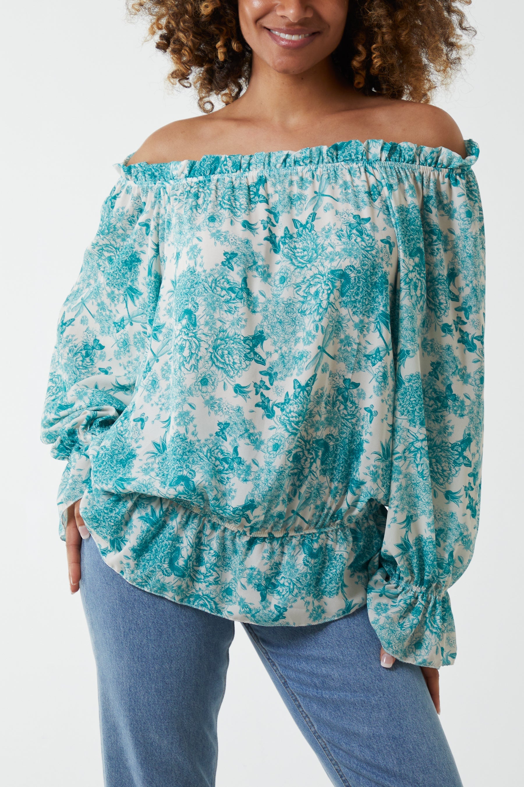 Floral Pattern Bardot Top Tops WearAll Turquoise One Size