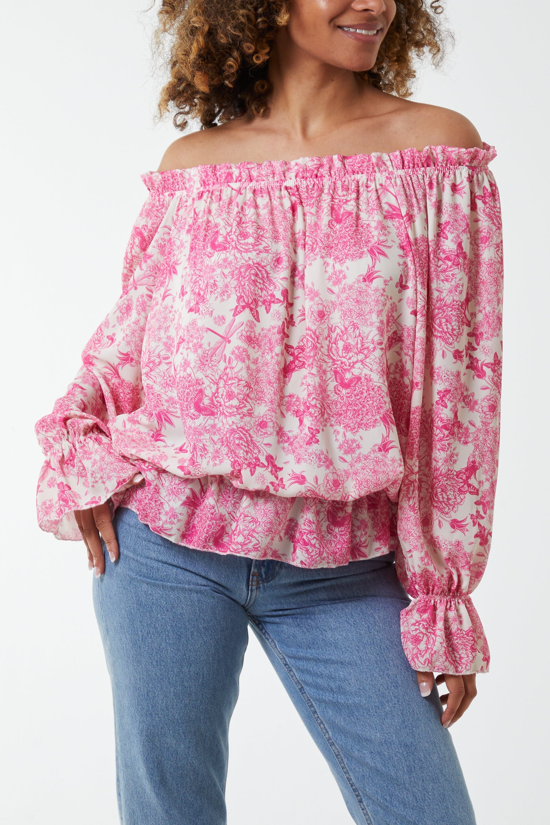 Floral Pattern Bardot Top Tops WearAll Pink One Size