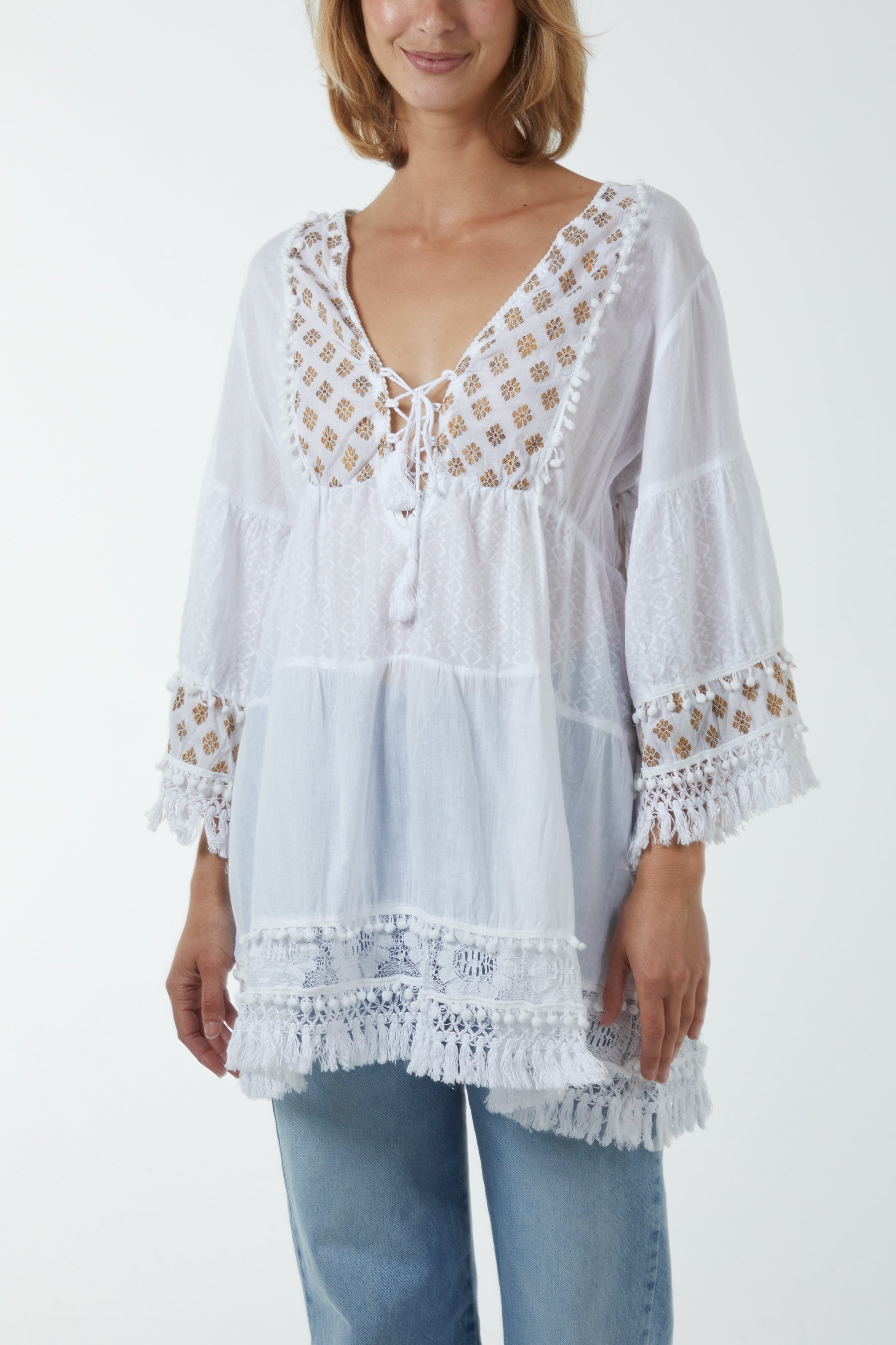 Gold Detailing Tassel Tiered Top Blouses WearAll Camel One Size
