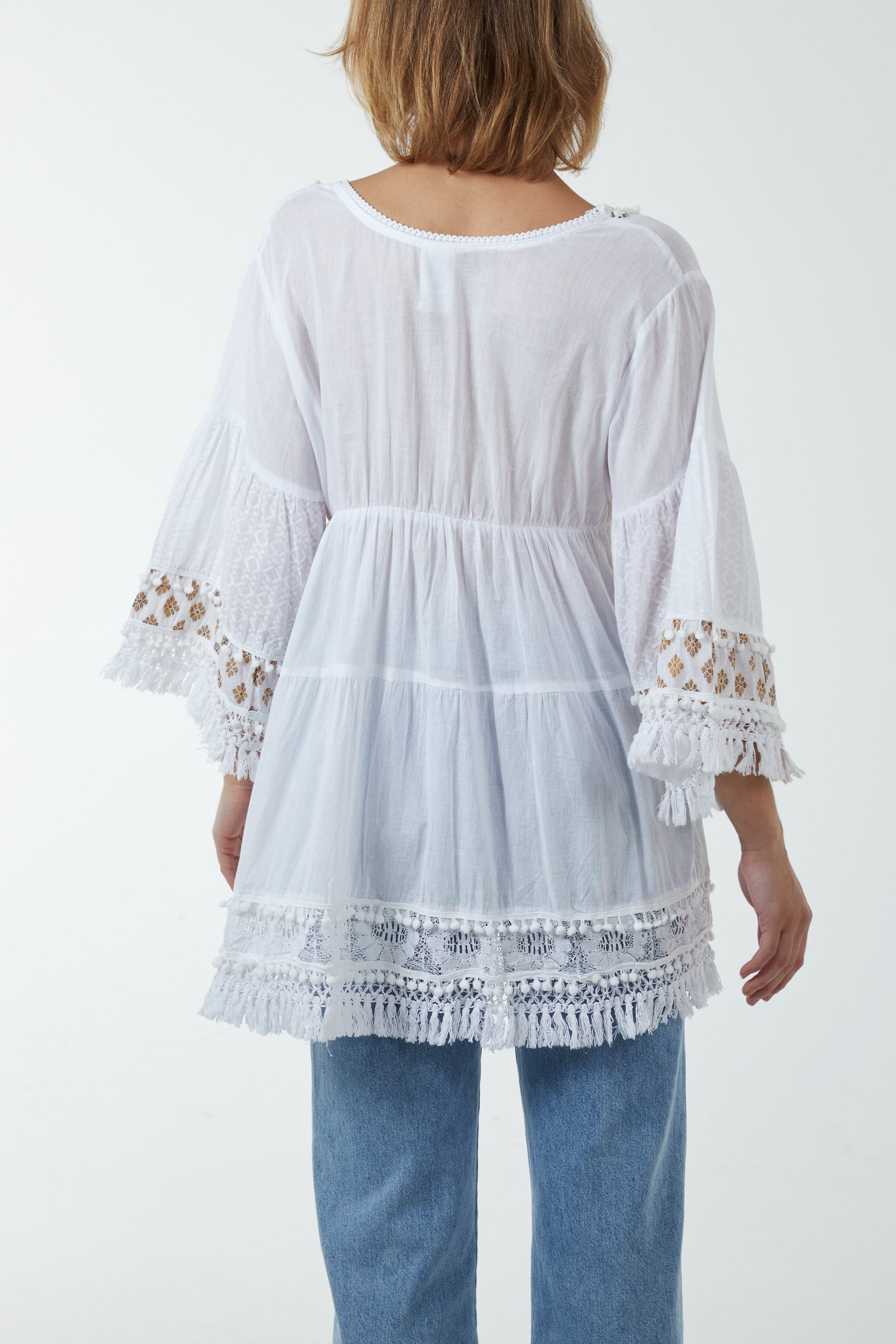 Gold Detailing Tassel Tiered Top Blouses WearAll