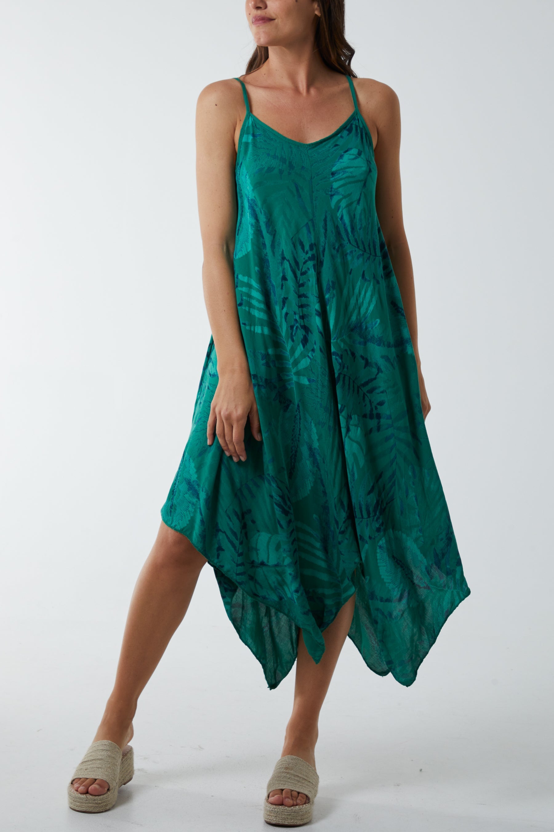 Palm Leaves Hanky Hem Dress DMF2 WearAll Jade One Size