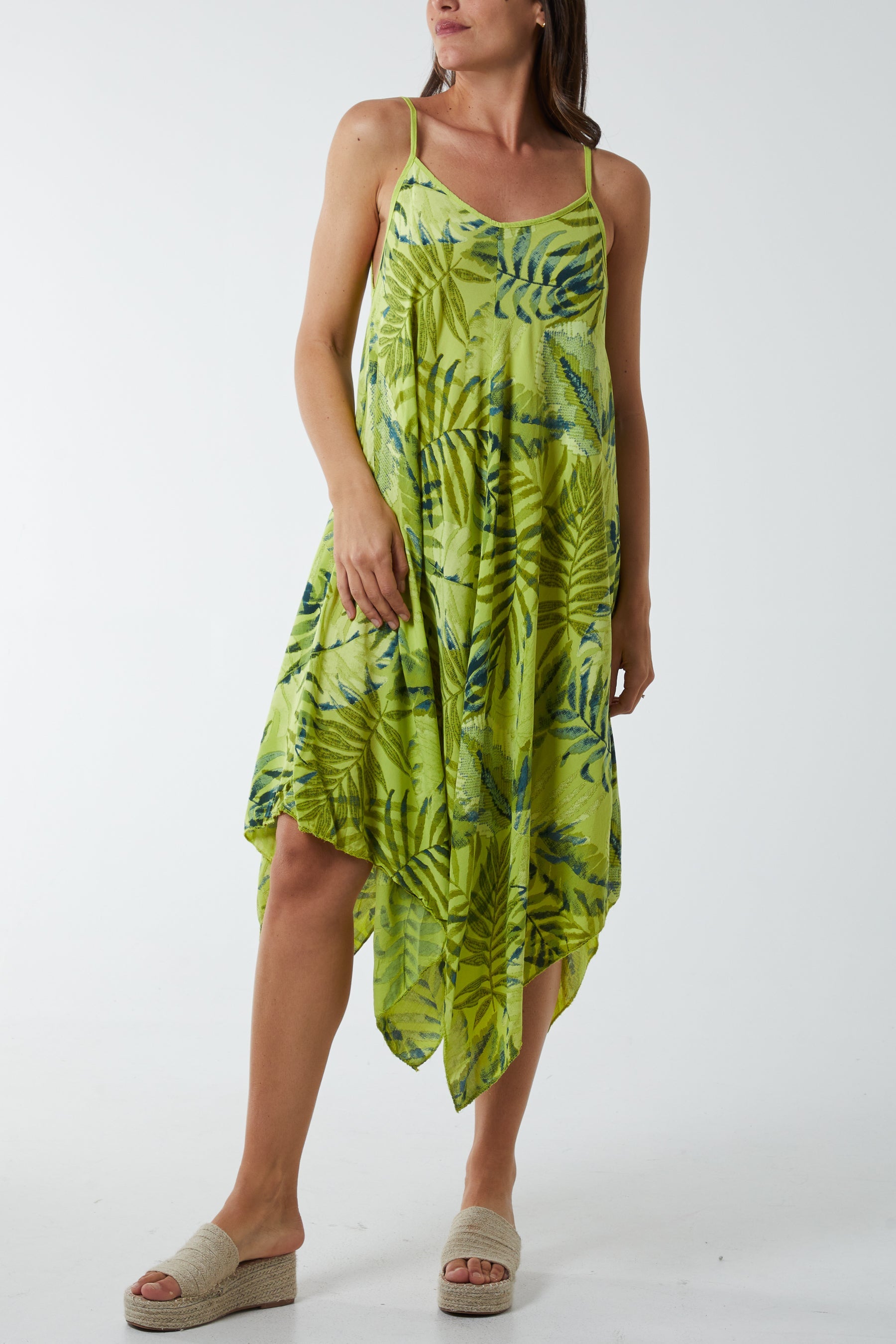 Palm Leaves Hanky Hem Dress DMF2 WearAll Lime One Size
