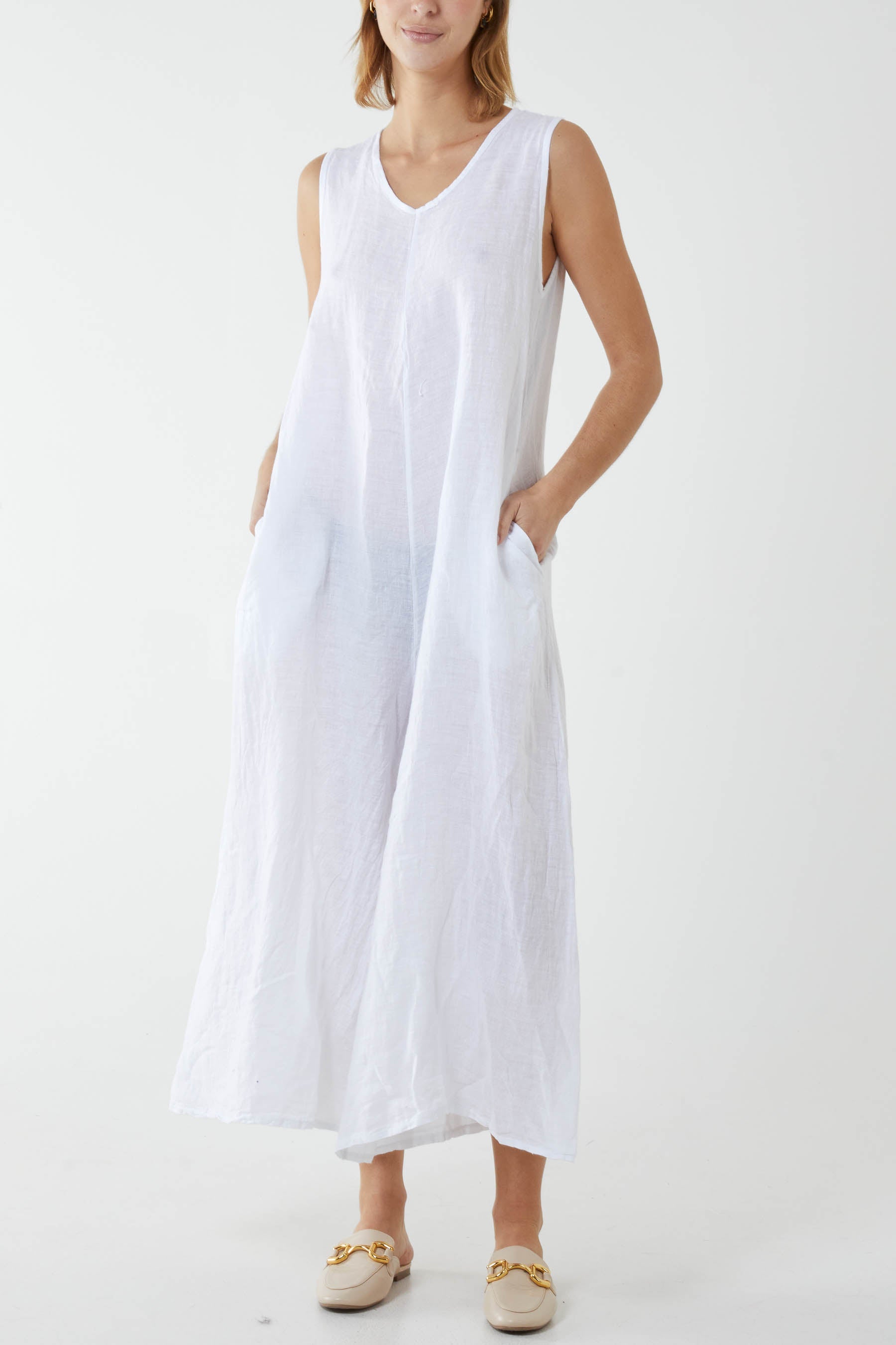 Linen Sleeveless Jumpsuit Jumpsuit WearAll White One Size