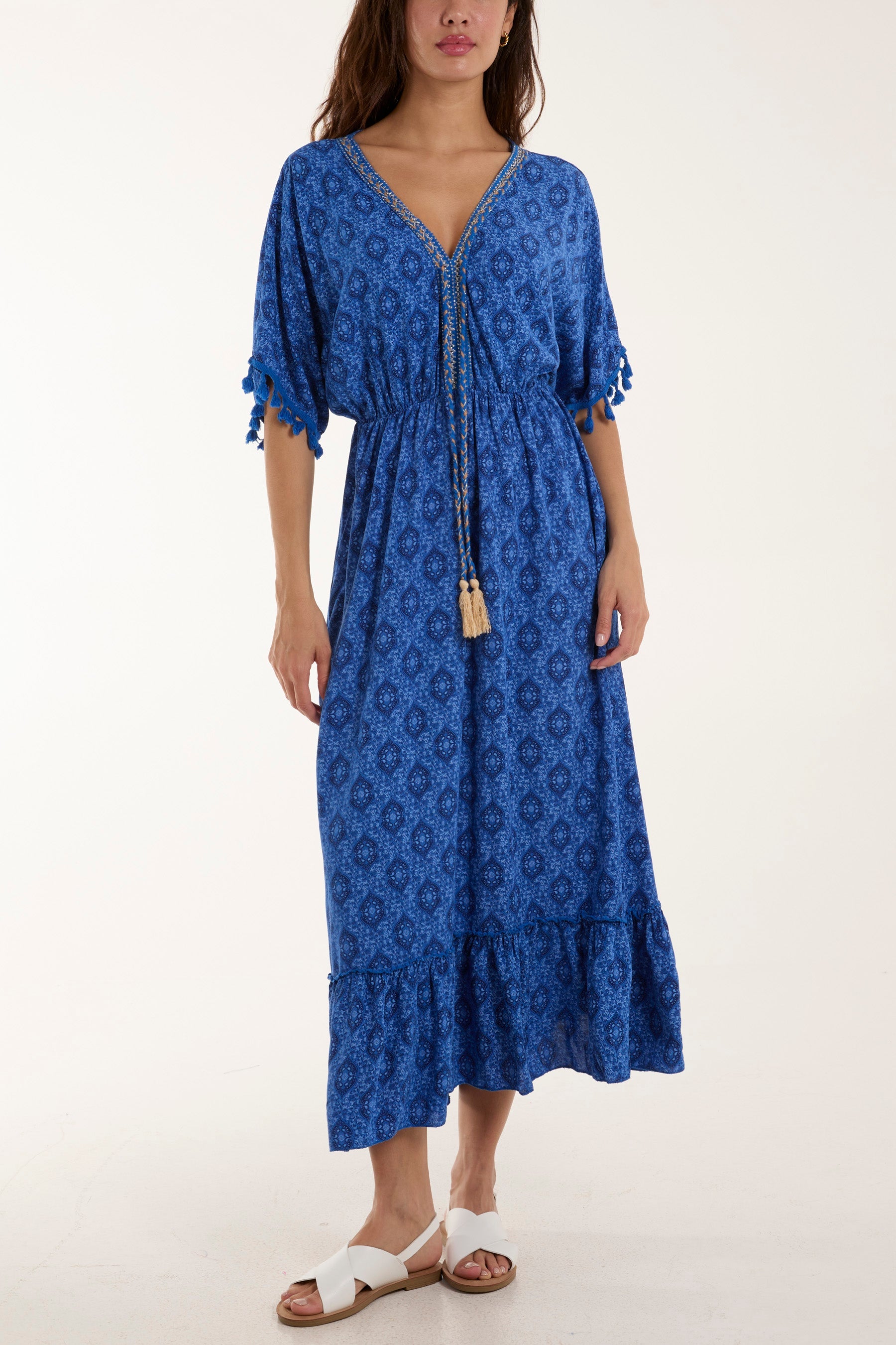 Baroque Floral Tassel Dress Dresses WearAll Royal Blue One Size