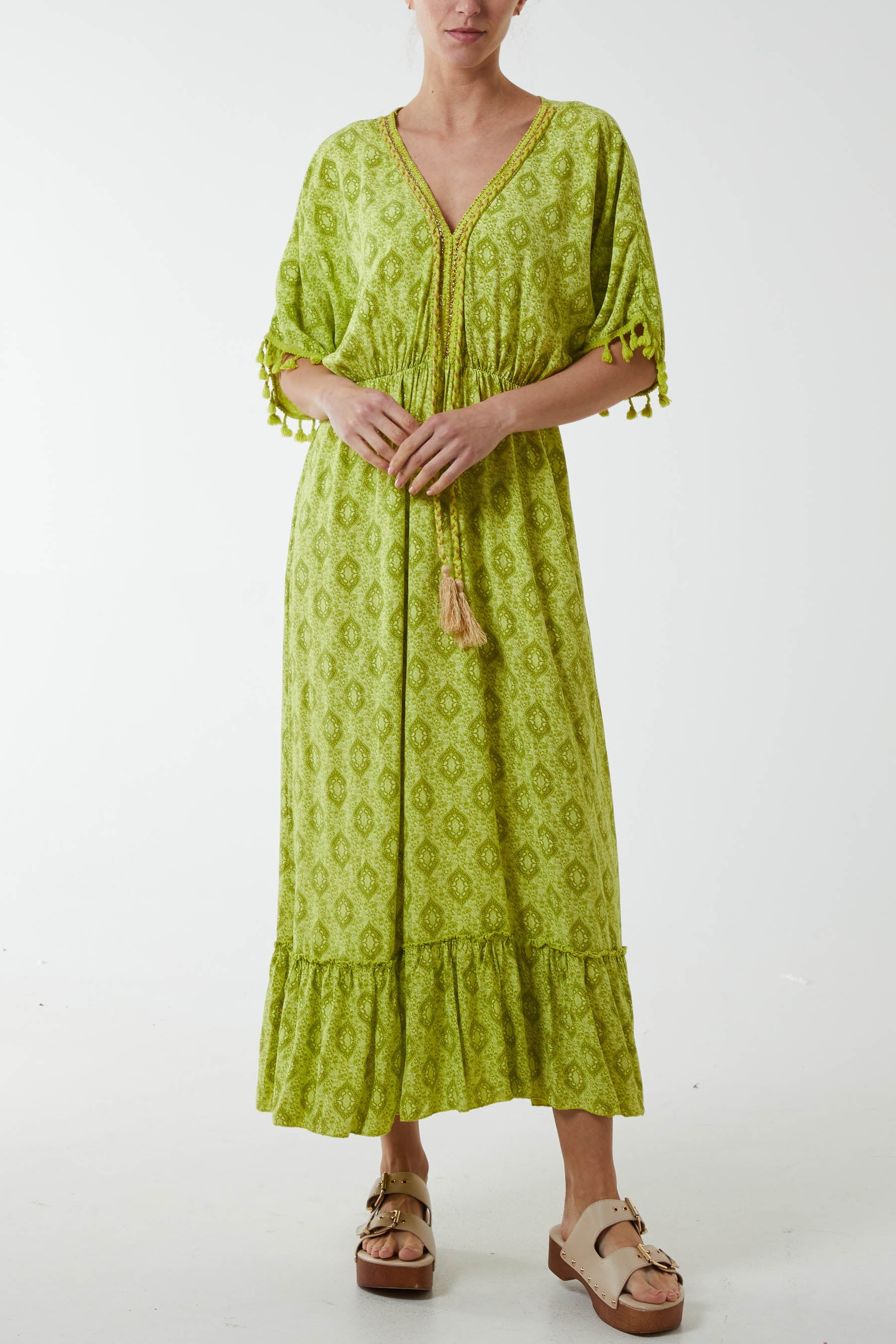 Baroque Floral Tassel Dress Dresses WearAll Lime One Size