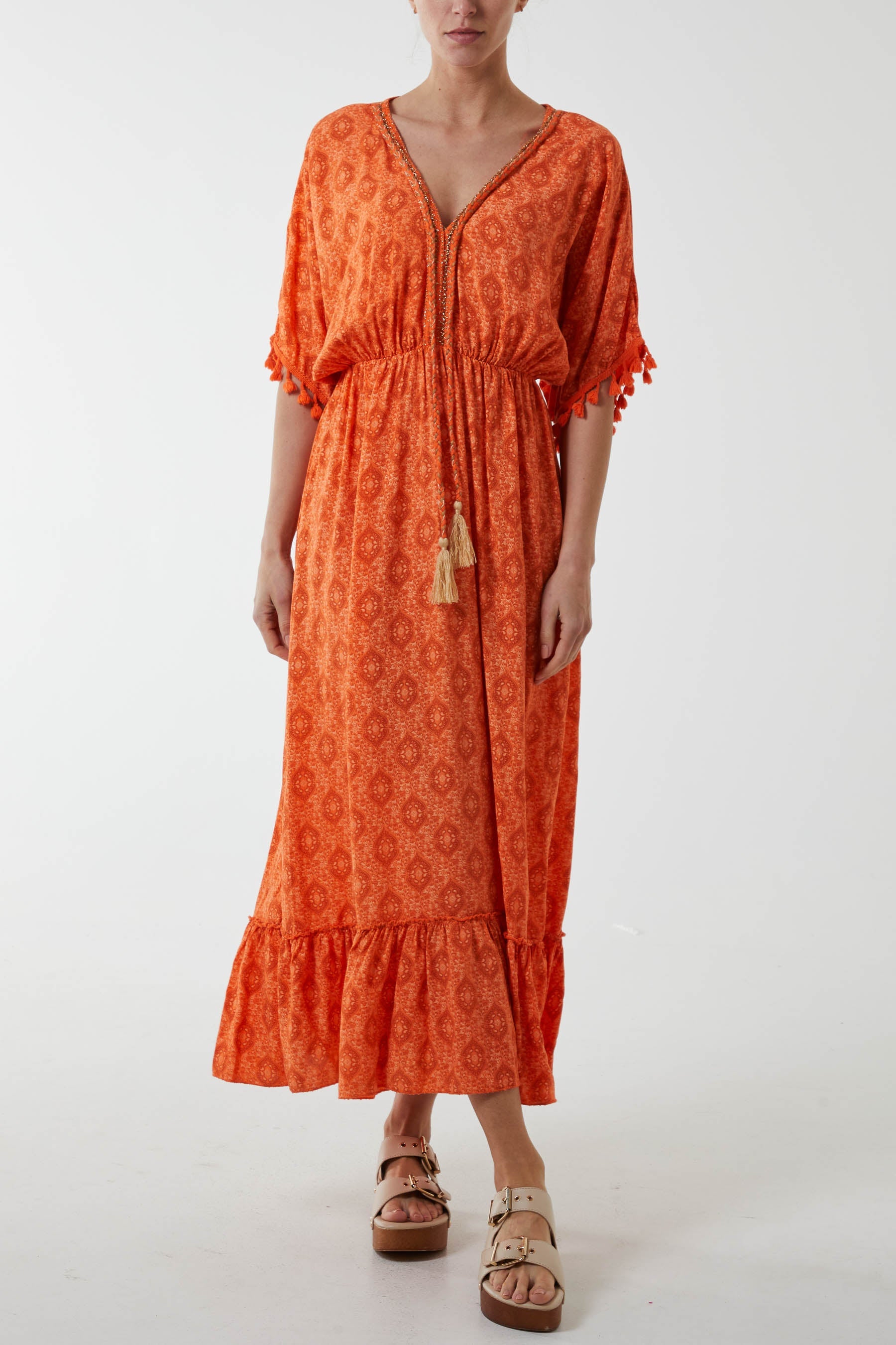 Baroque Floral Tassel Dress Dresses WearAll Orange One Size