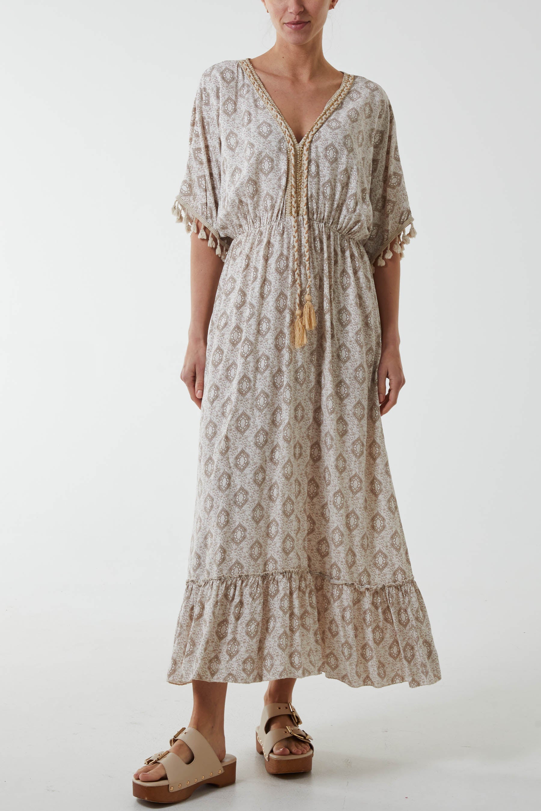 Baroque Floral Tassel Dress Dresses WearAll Stone One Size