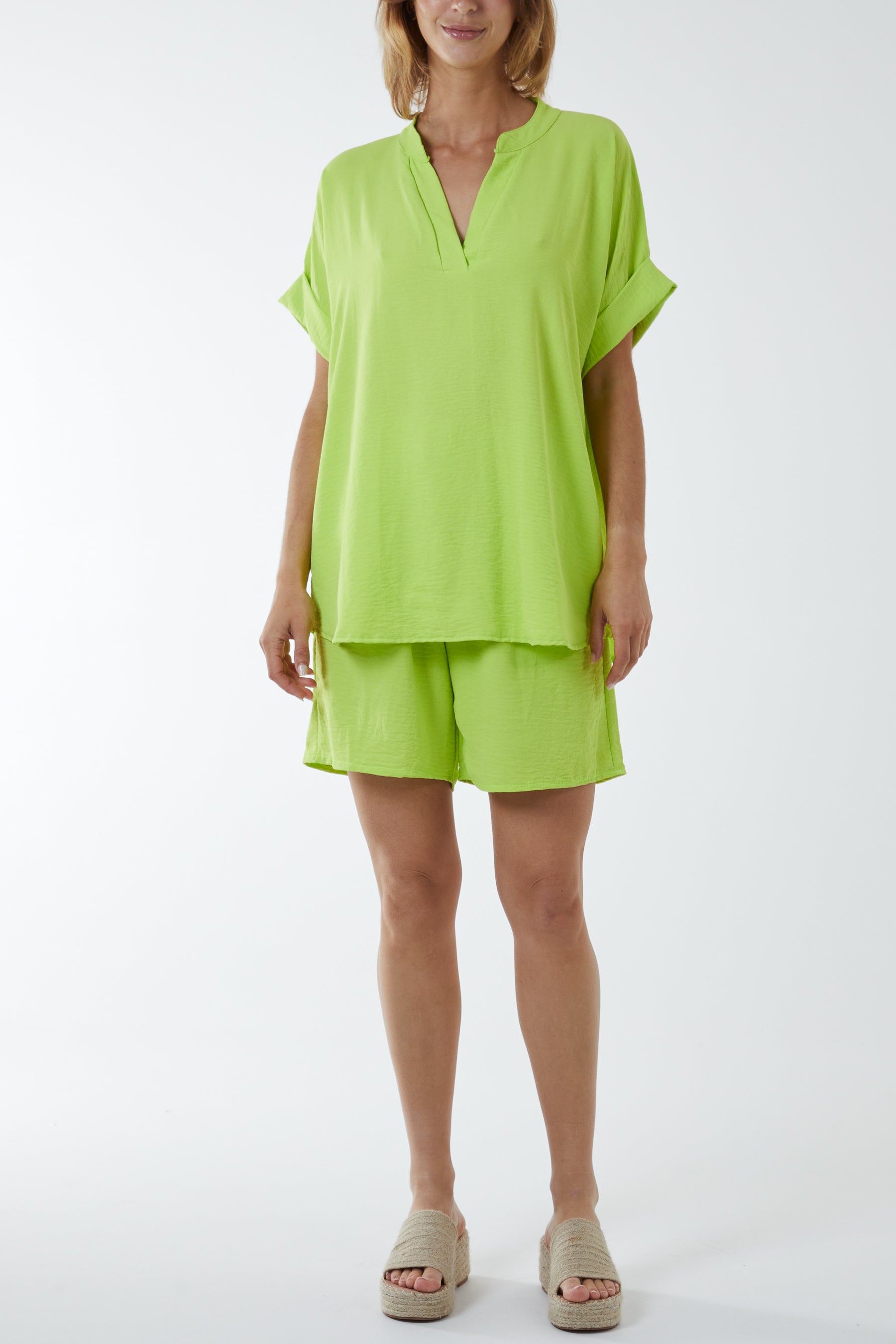V-Neck Top and Shorts Co-Ord Set Co-Ords WearAll Lime One Size