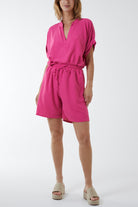 V-Neck Top and Shorts Co-Ord Set Co-Ords WearAll Hot Pink One Size