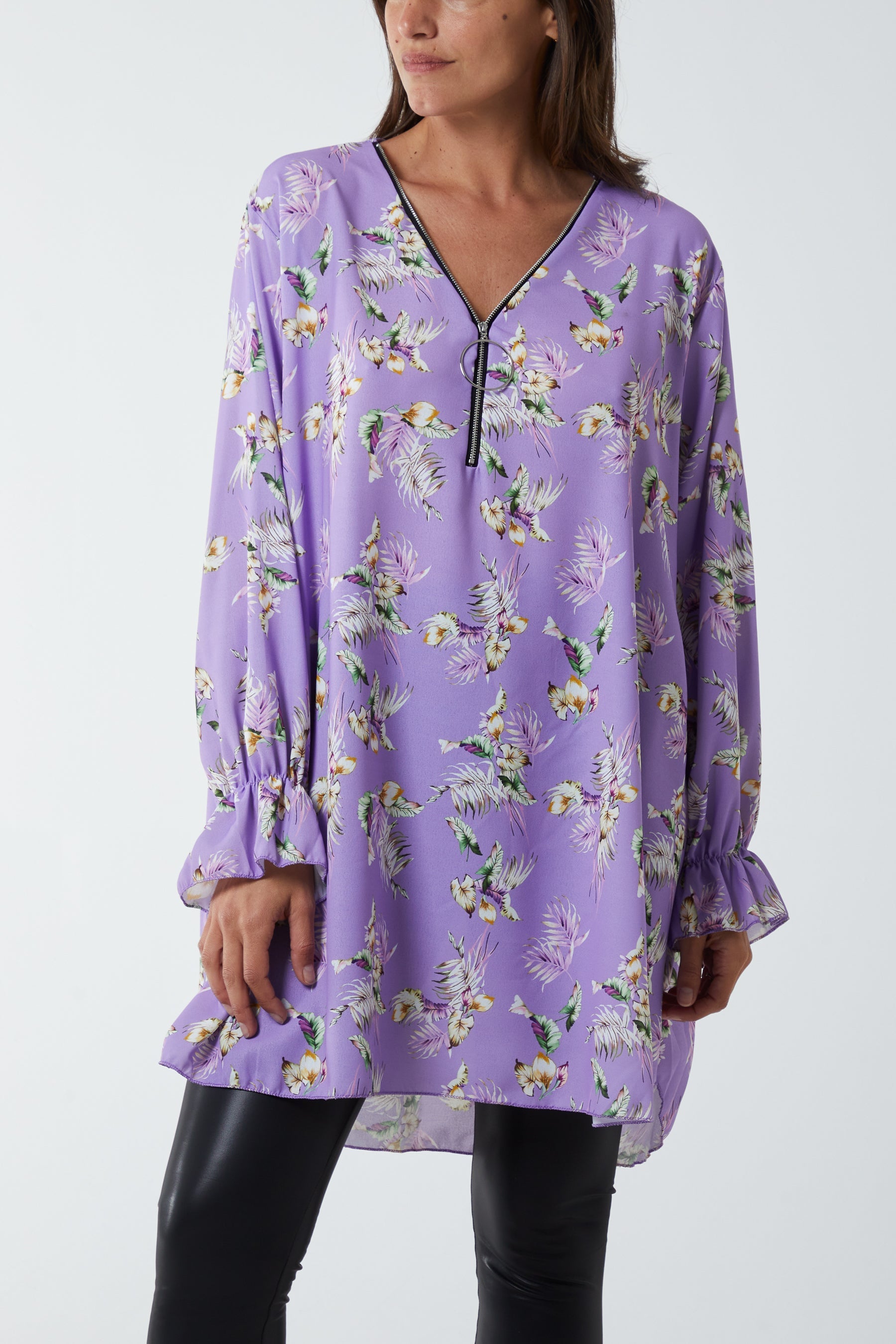 Floral Zip Neck Tunic Dress DMF2 WearAll Lilac One Size