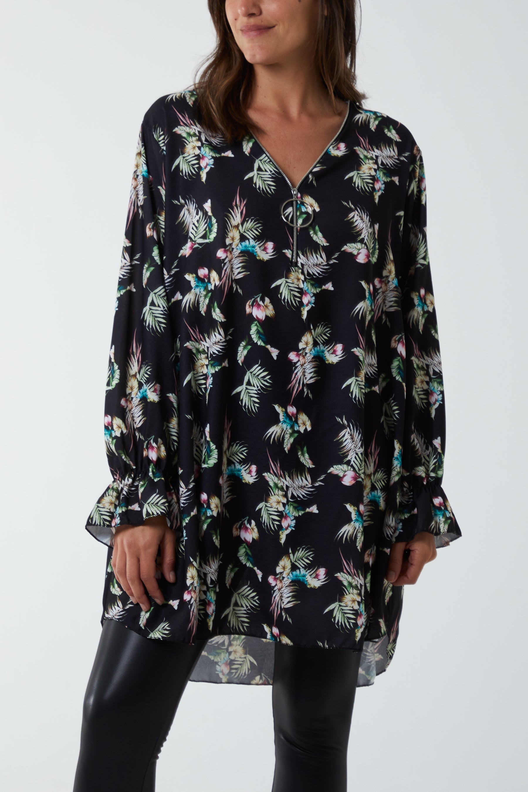Floral Zip Neck Tunic Dress DMF2 WearAll Black One Size