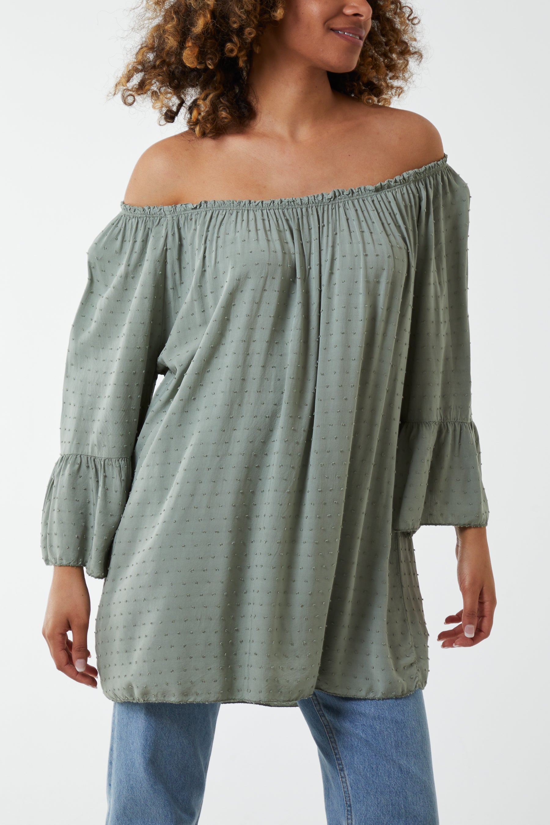 Dobby Fabric Bardot Blouse Blouses WearAll Khaki One Sizesize