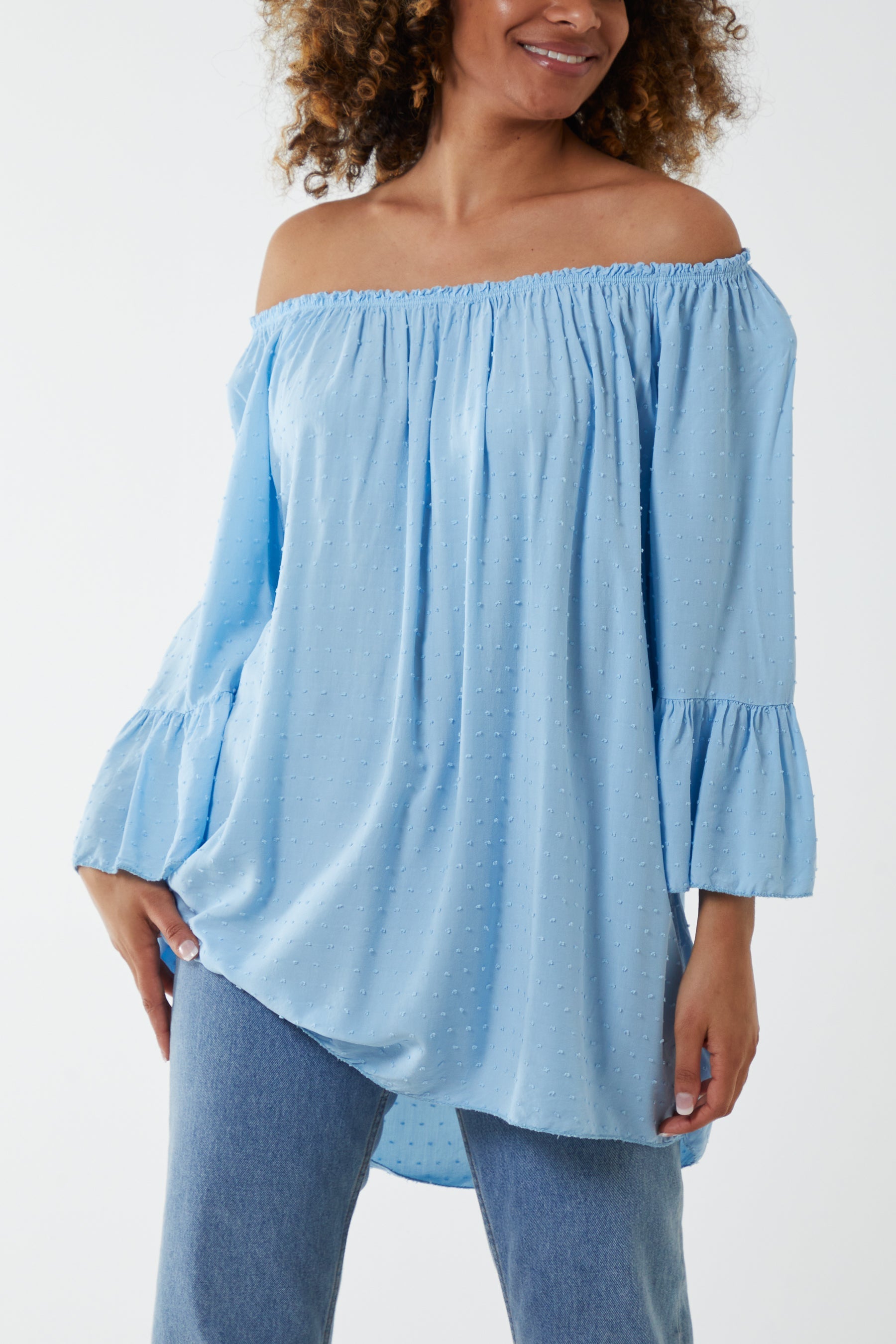 Dobby Fabric Bardot Blouse Blouses WearAll Light Blue One Sizesize