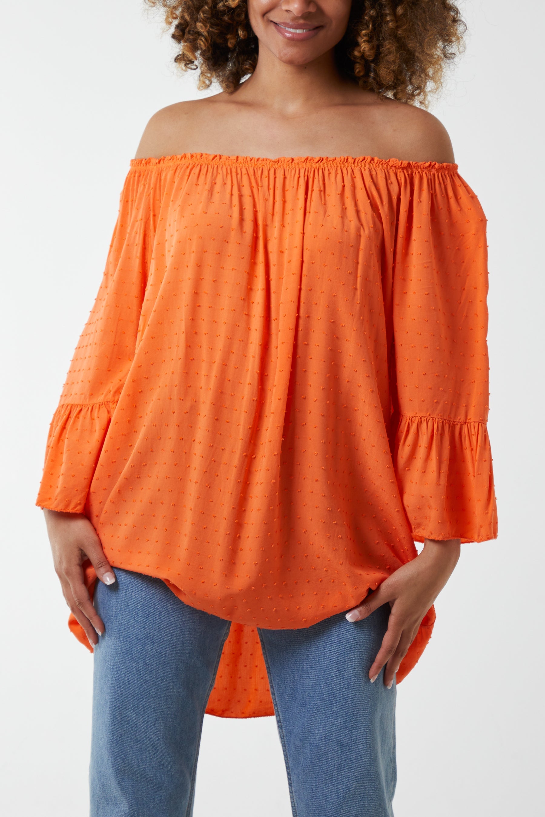 Dobby Fabric Bardot Blouse Blouses WearAll Orange One Sizesize