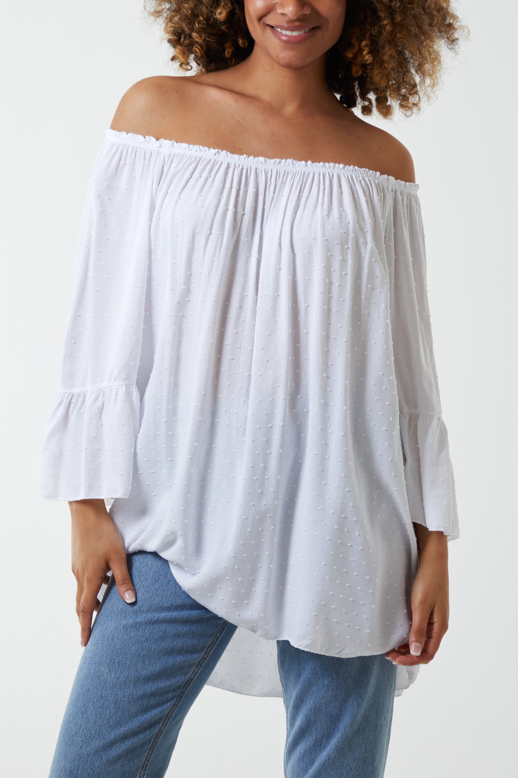 Dobby Fabric Bardot Blouse Blouses WearAll White One Sizesize