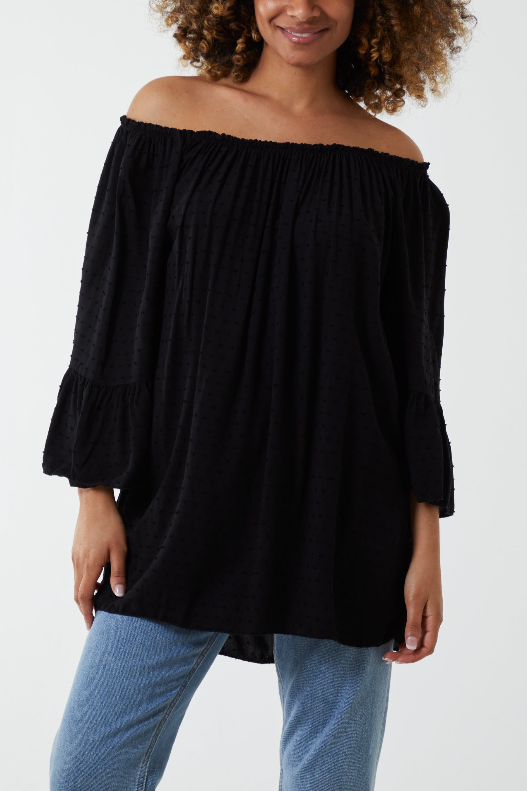 Dobby Fabric Bardot Blouse Blouses WearAll Black One Sizesize