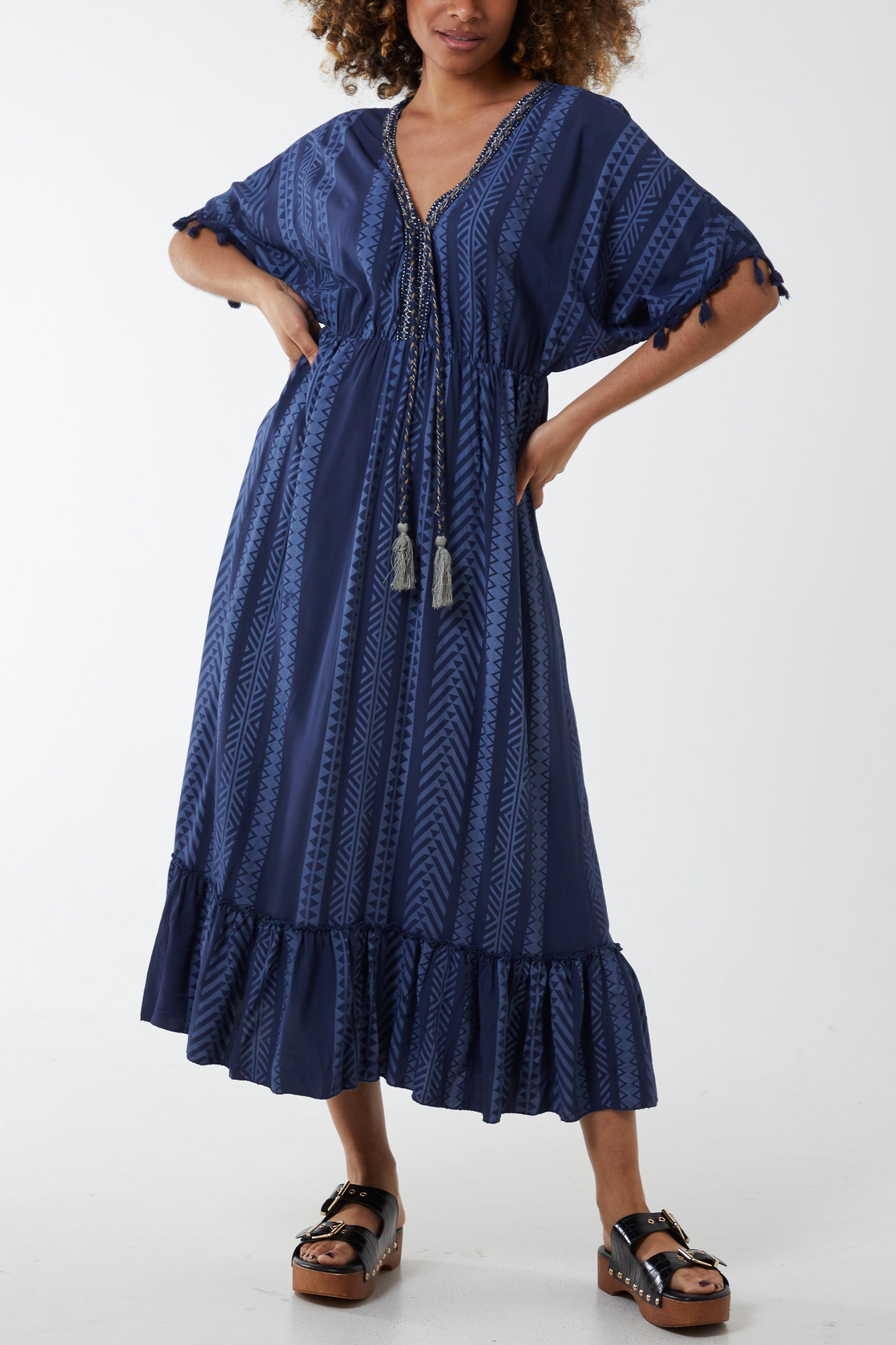 Aztec Print Tassel Midi Dress Dresses WearAll Navy One Size