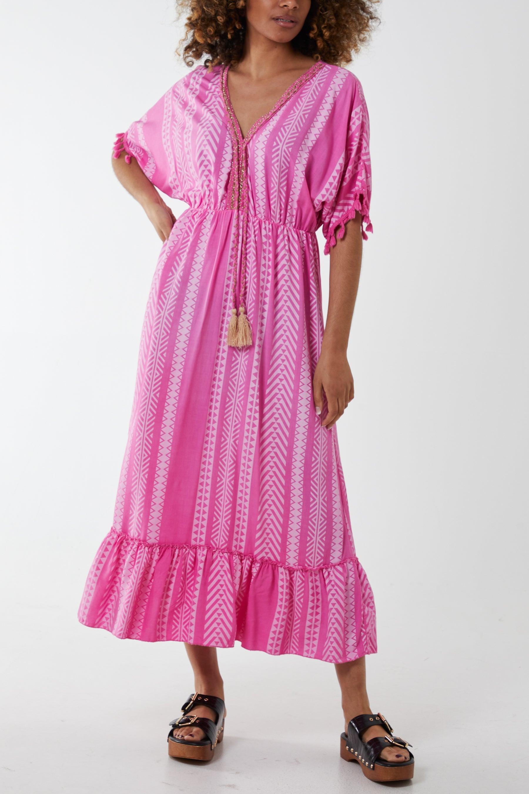 Aztec Print Tassel Midi Dress Dresses WearAll Bubblegum Pink One Size