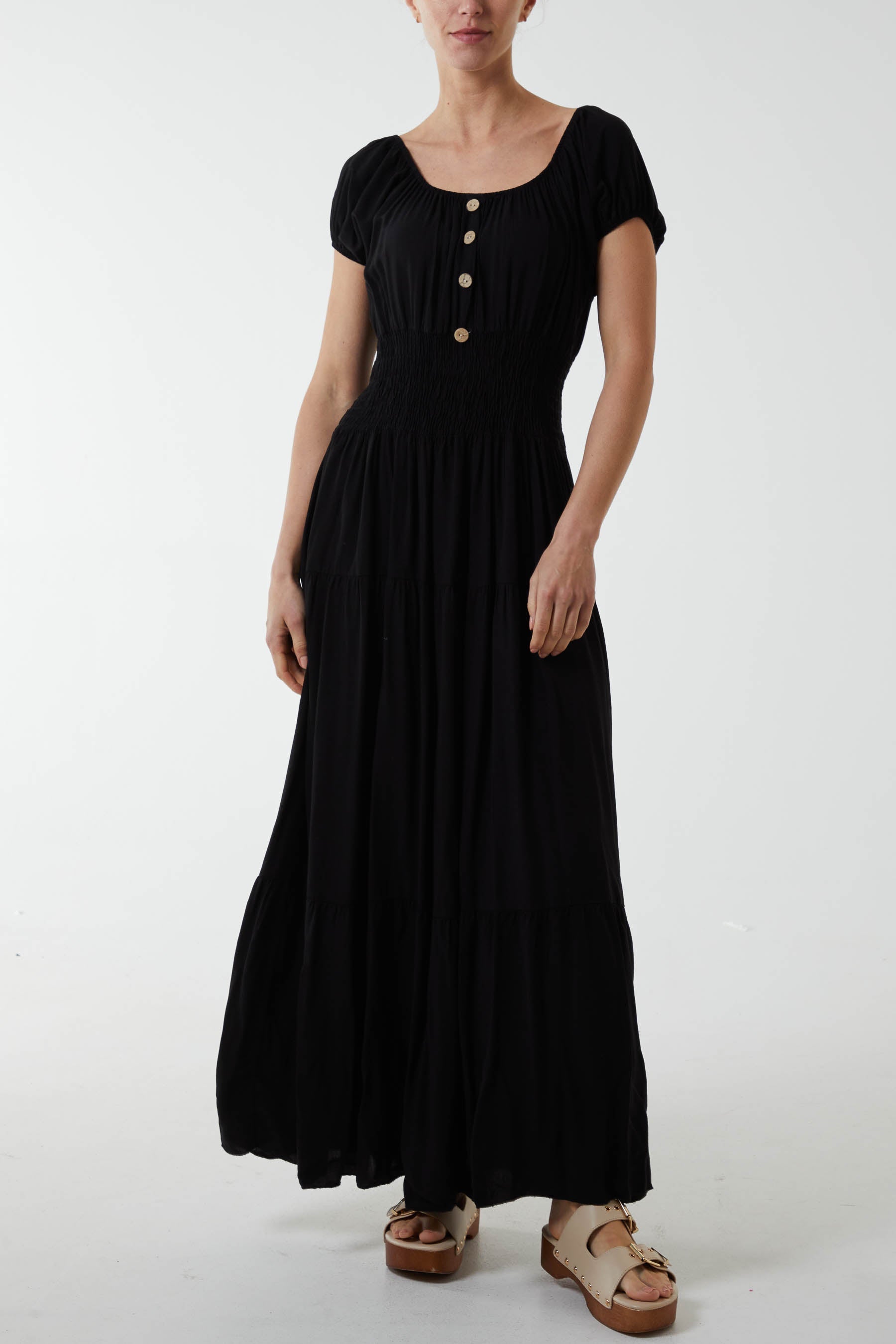 Gypsy Scoop Neck Button Maxi Dress Dresses WearAll Black One Size