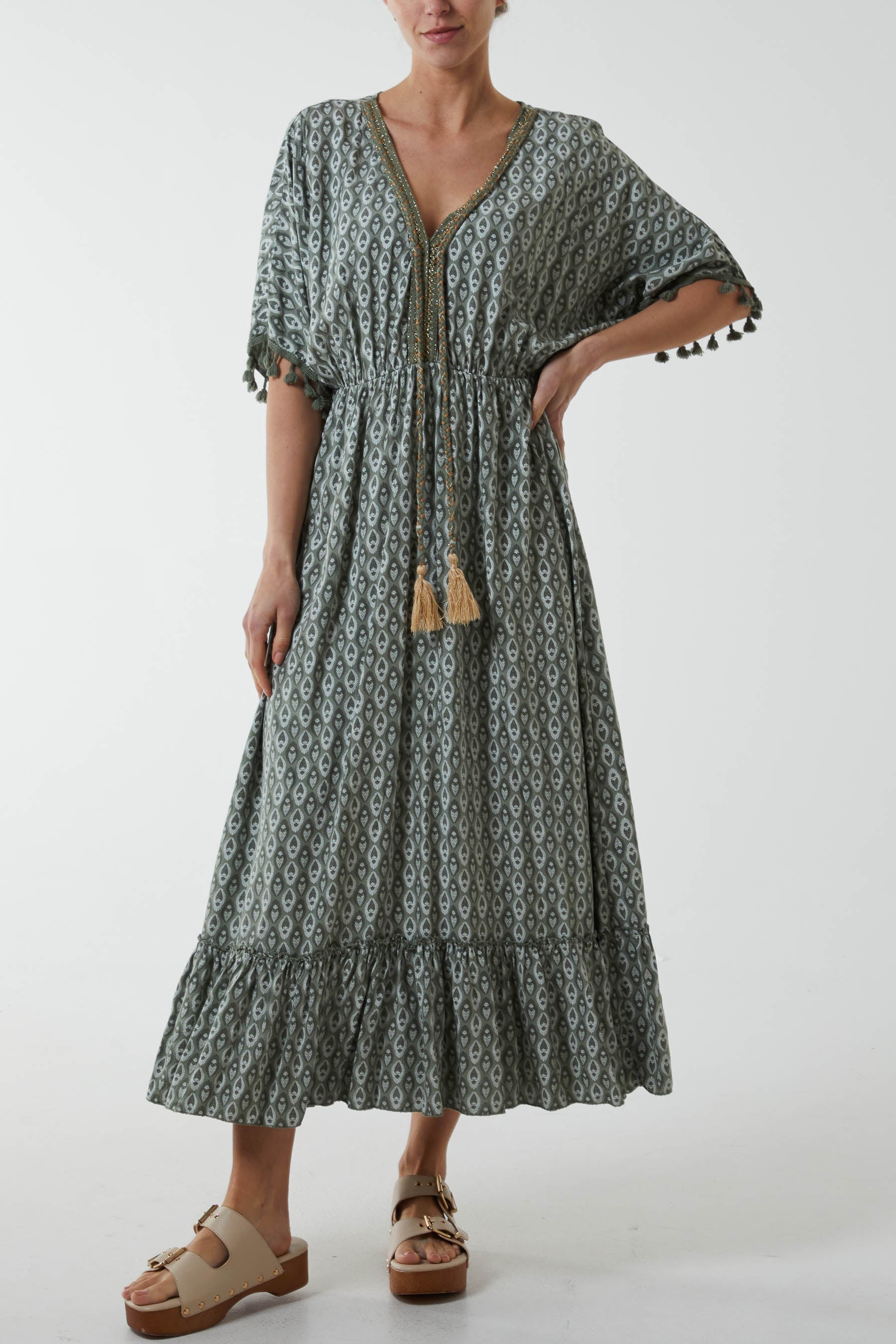 Mosaic Print Tassel Dress Dresses WearAll Khaki One Size