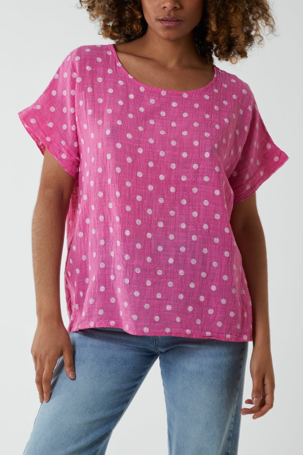 Polka Dot Short Sleeve Top Tops WearAll Hot Pink One Size