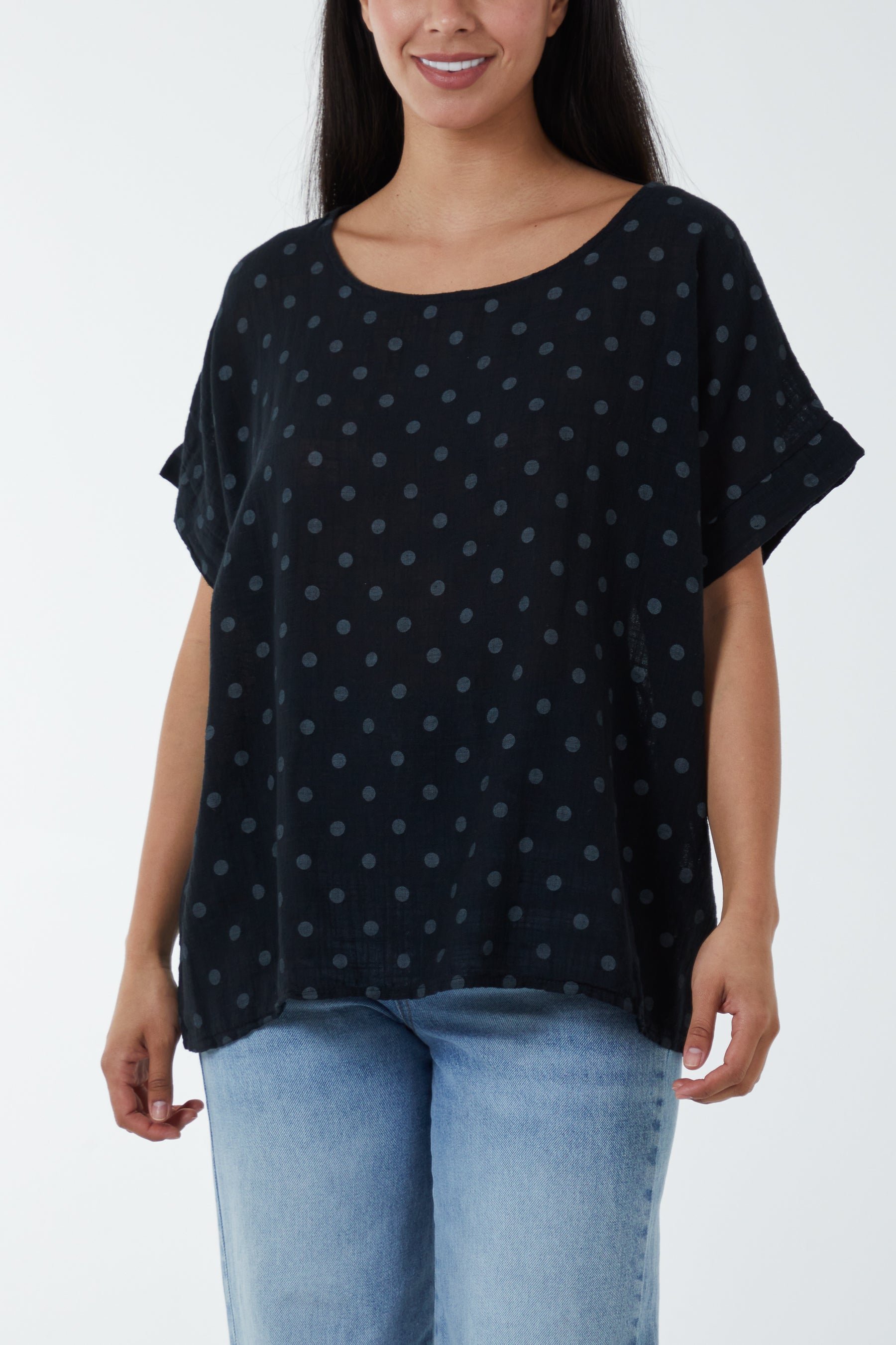 Polka Dot Short Sleeve Top Tops WearAll Black One Size