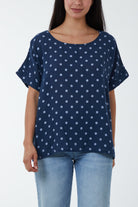 Polka Dot Short Sleeve Top Tops WearAll Navy One Size