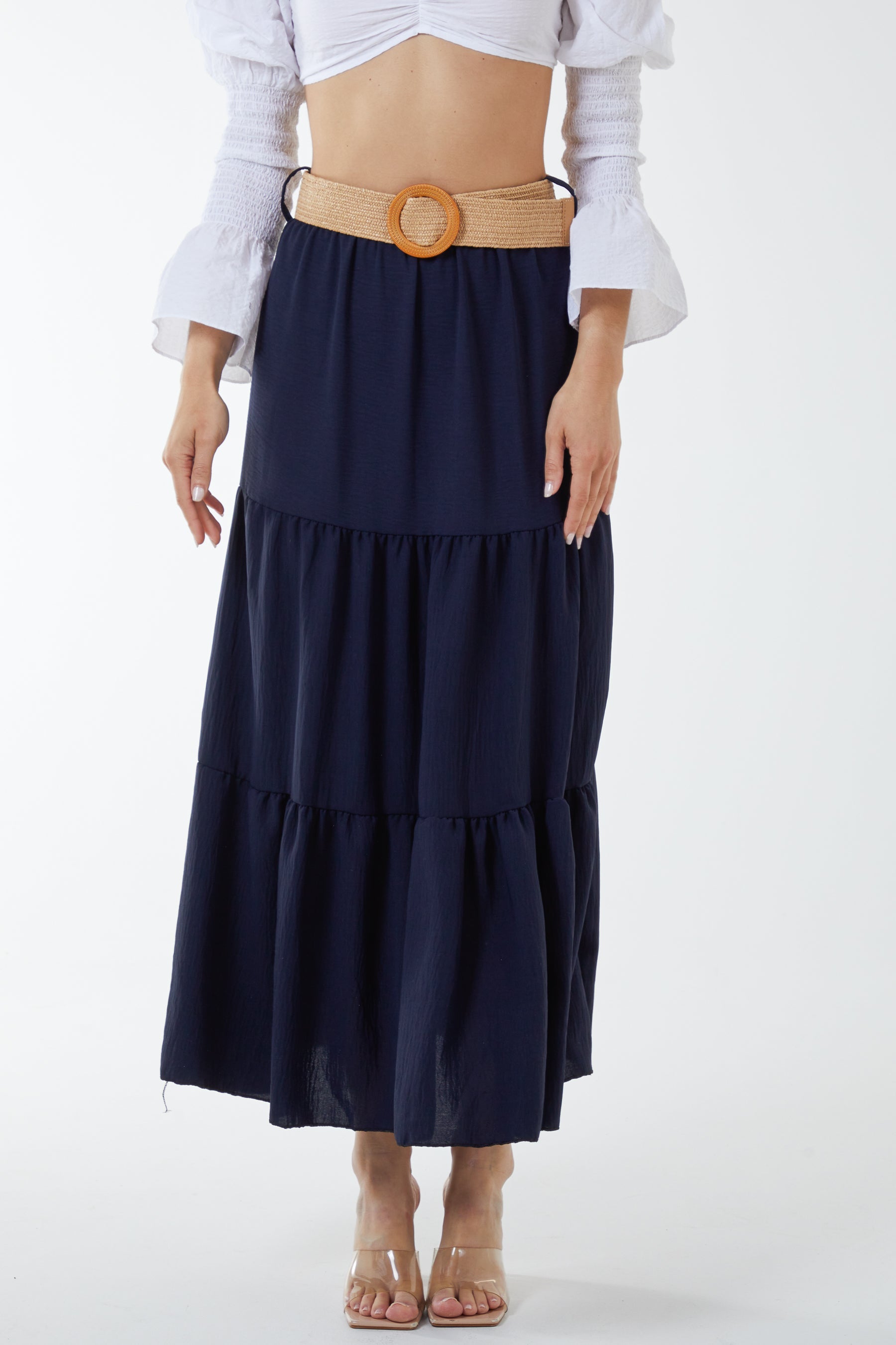Belted Tiered Maxi Skirt Skirts WearAll Navy One Size