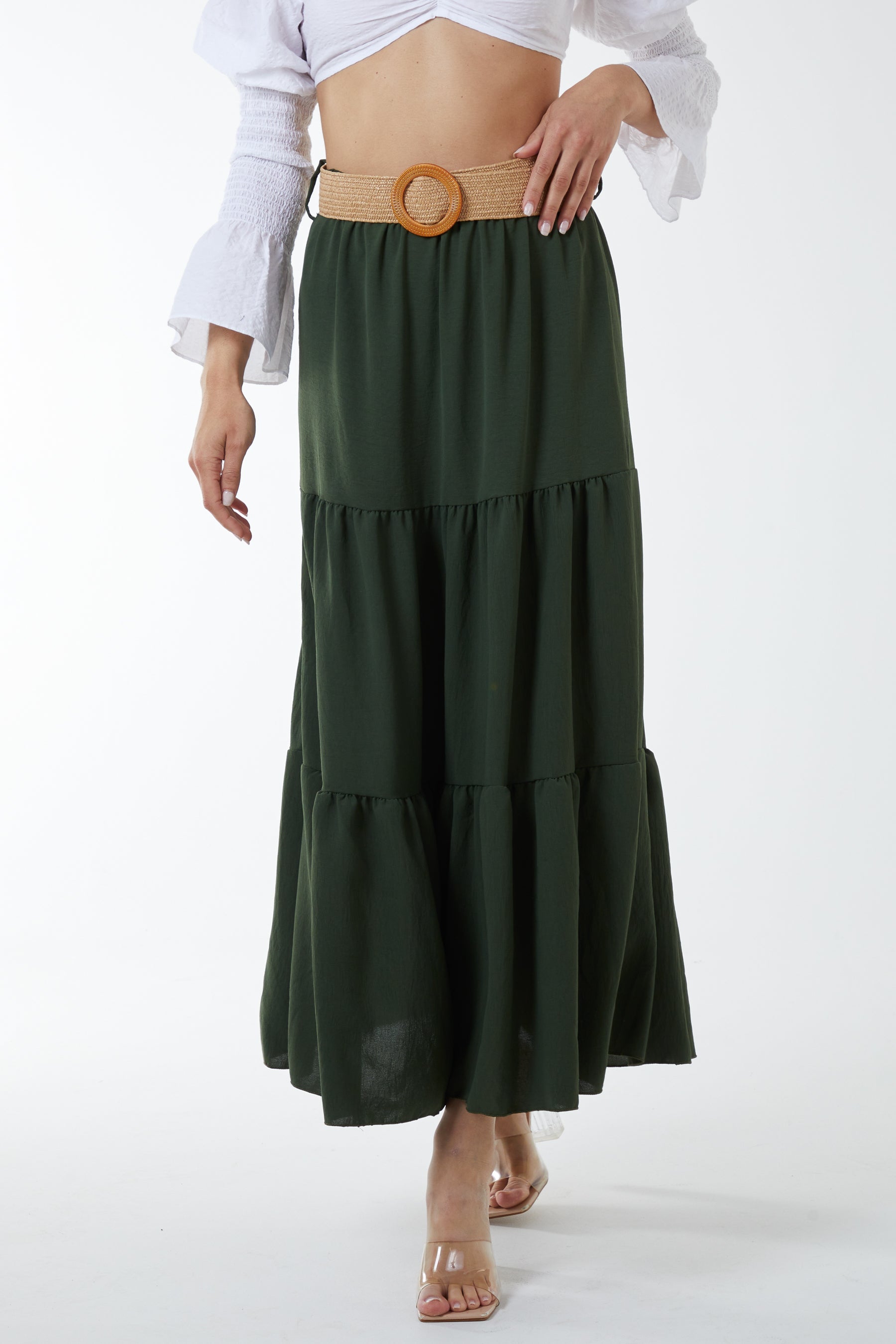 Belted Tiered Maxi Skirt Skirts WearAll Khaki One Size