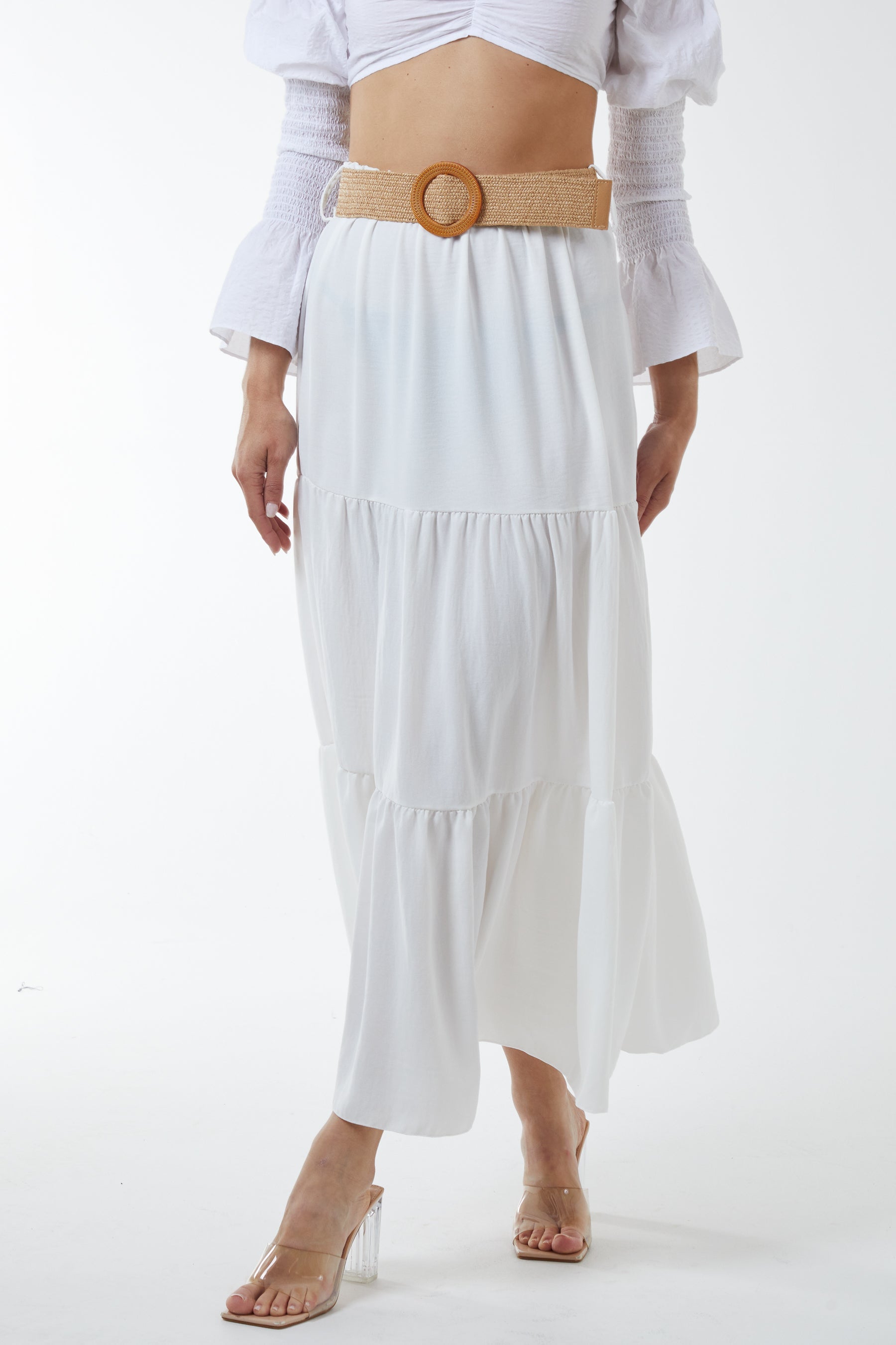Belted Tiered Maxi Skirt Skirts WearAll White One Size